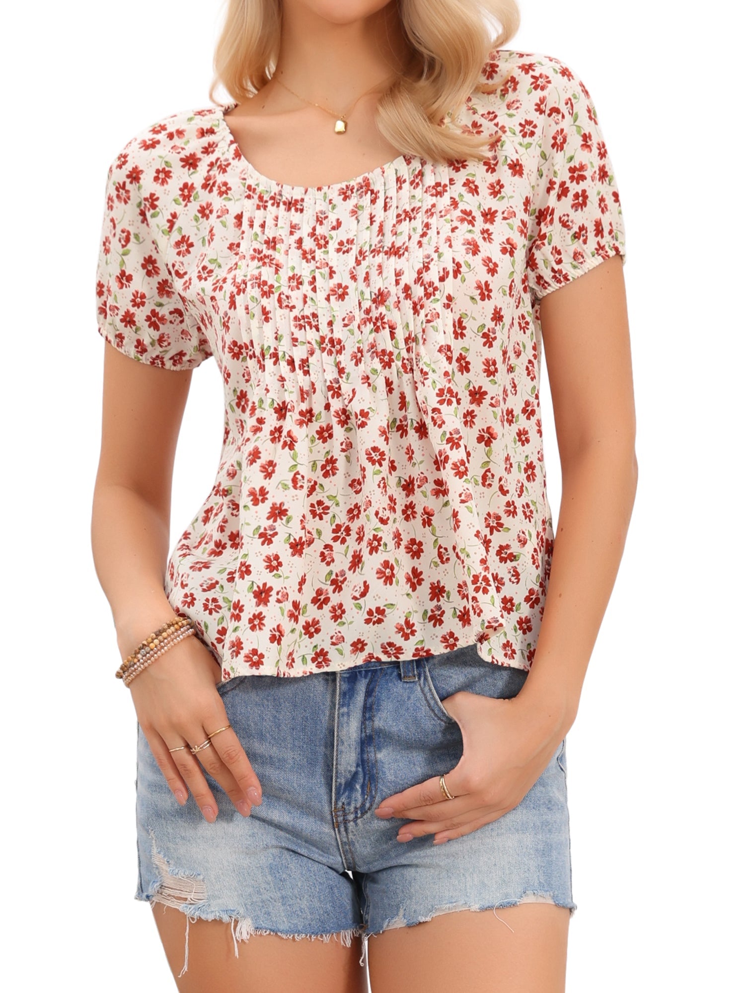 Floral Pleated Crew Neck Lightweight Short Sleeve Blouse