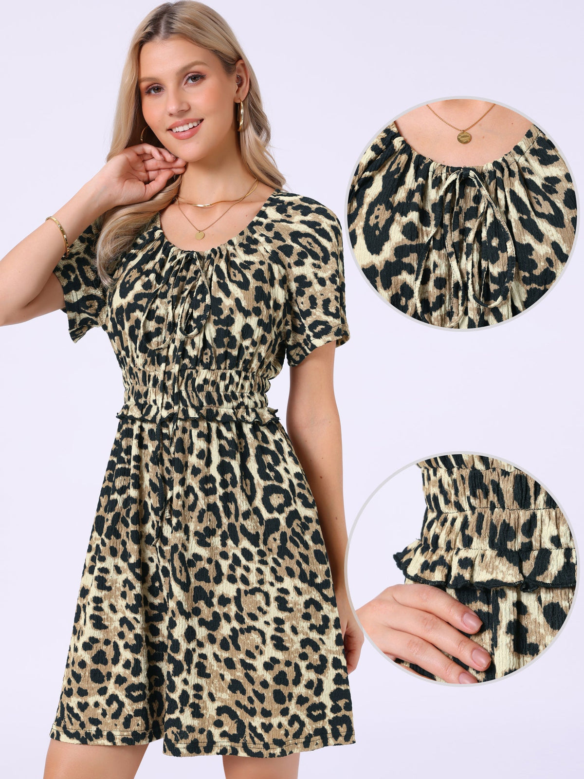 Leopard Print Short Sleeve Smocked Ruffled Casual Dress