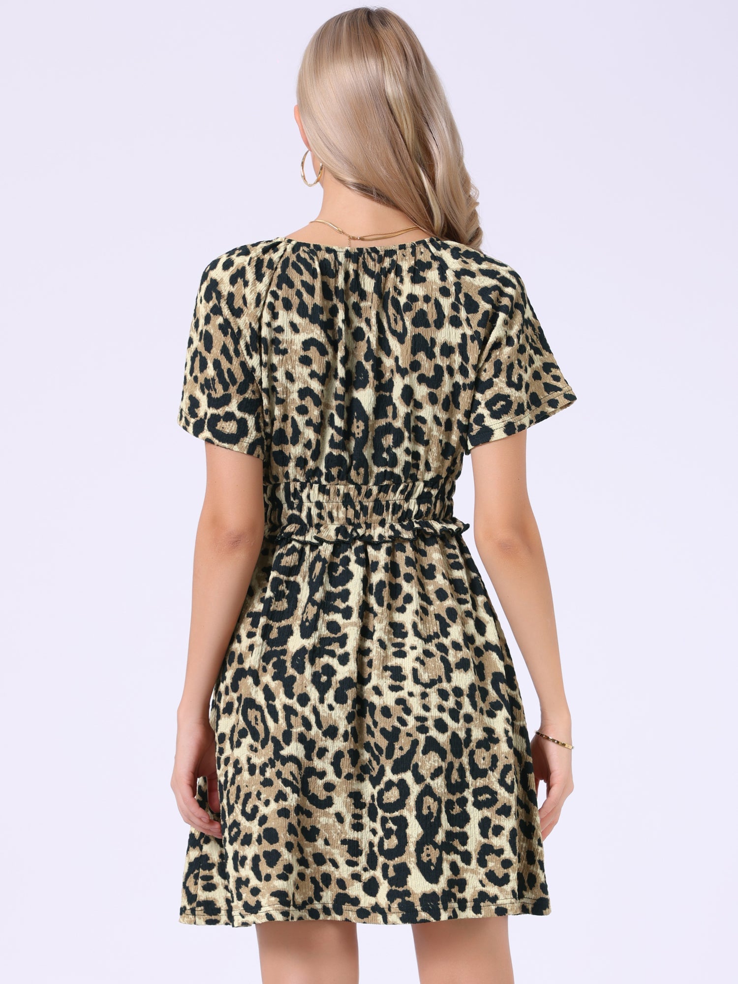 Leopard Print Short Sleeve Smocked Ruffled Casual Dress