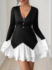 Colorblock V Neck Long Sleeves Ruffle Mini Dress