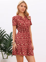 Floral Notch Neck Smocked Waist Above the Knee Tiered Dress