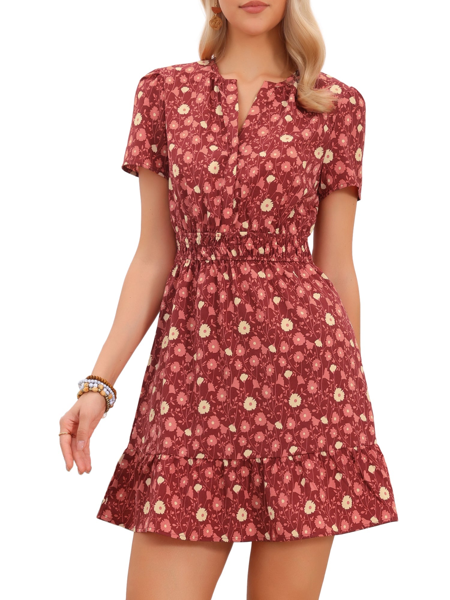 Floral Notch Neck Smocked Waist Above the Knee Tiered Dress