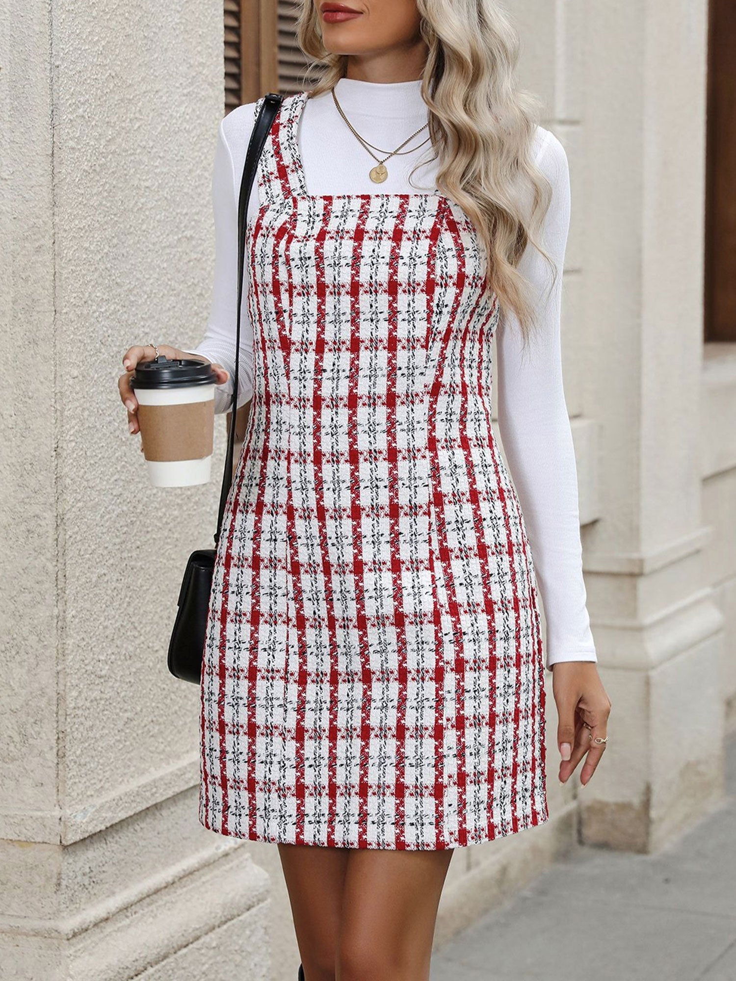 Tweed Plaid Sleeveless Mini Suspender Dress