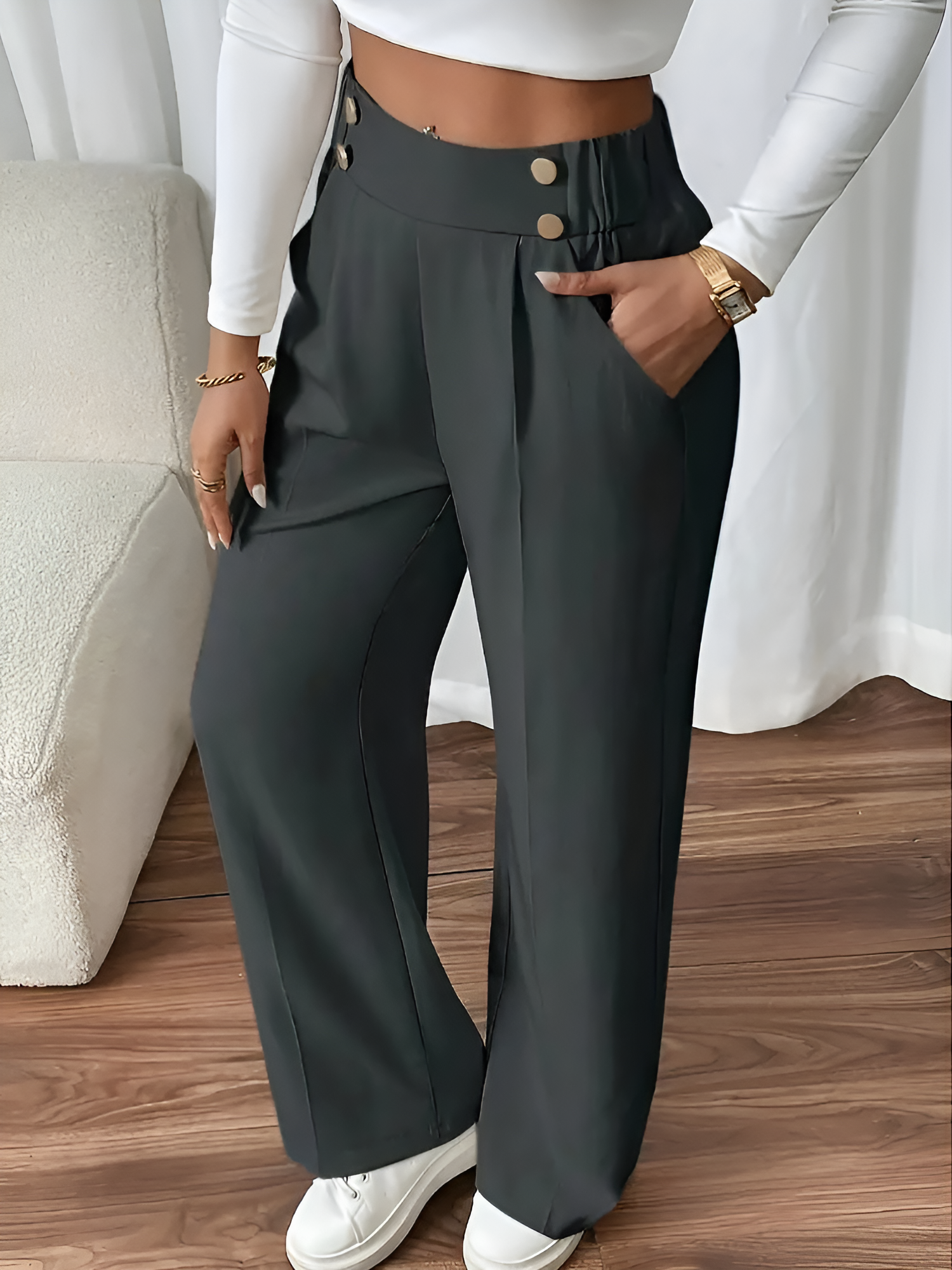 Elastic Waist Button Decor Straight Legs Pants