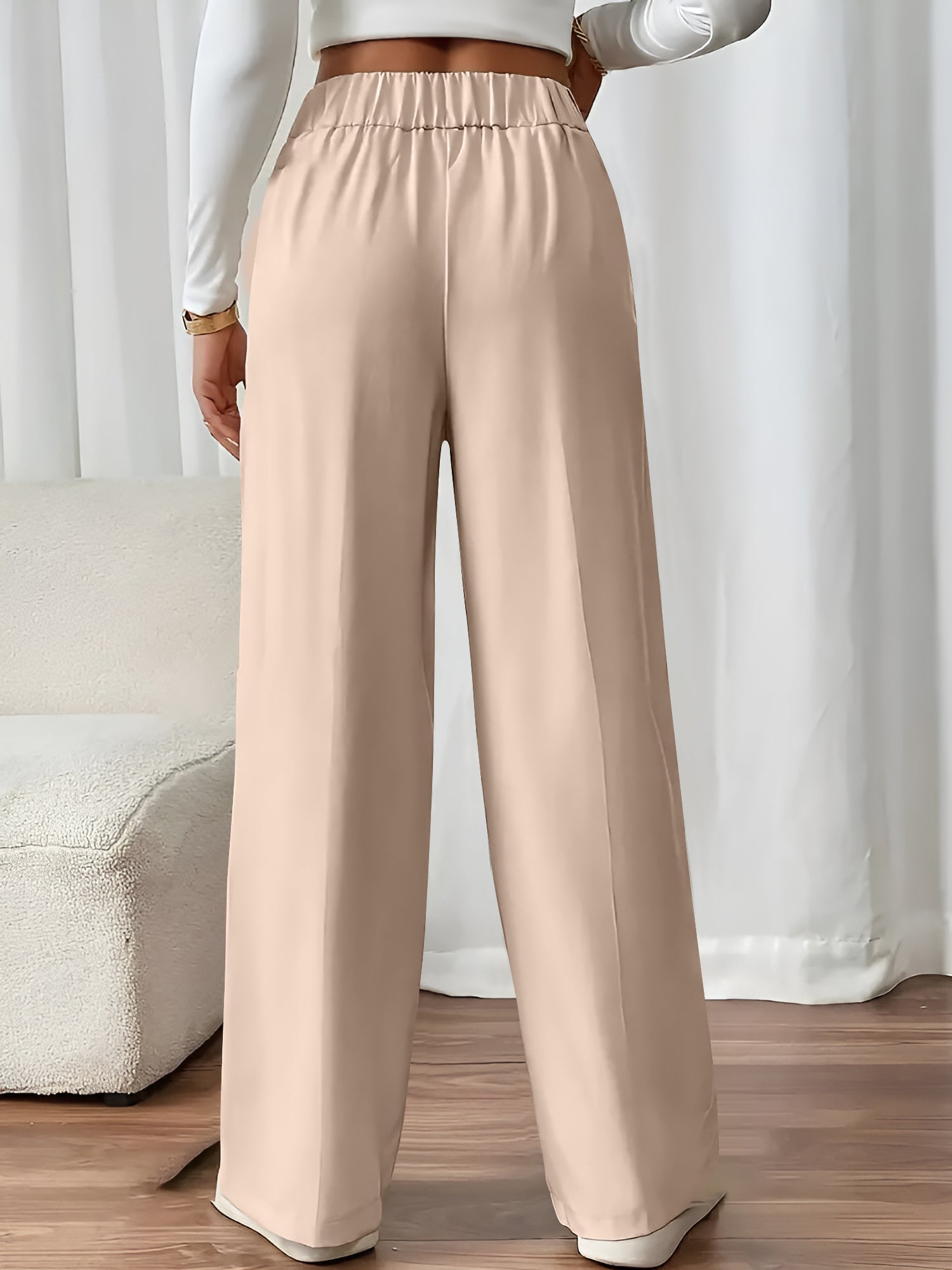 Elastic Waist Button Decor Straight Legs Pants