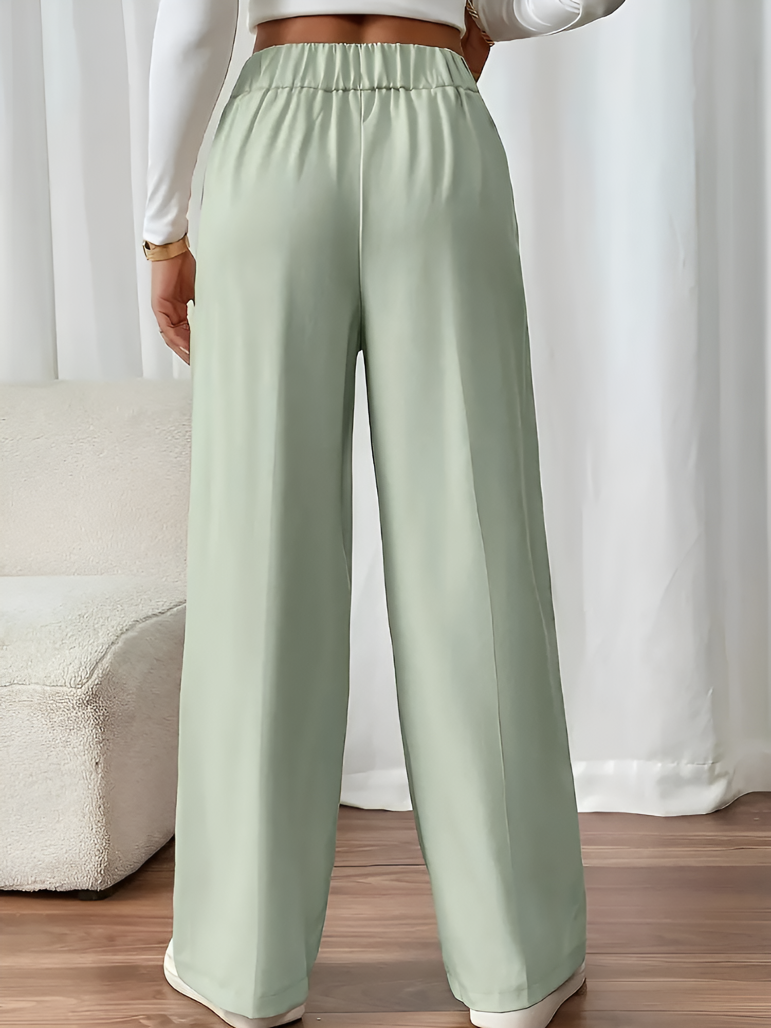 Elastic Waist Button Decor Straight Legs Pants