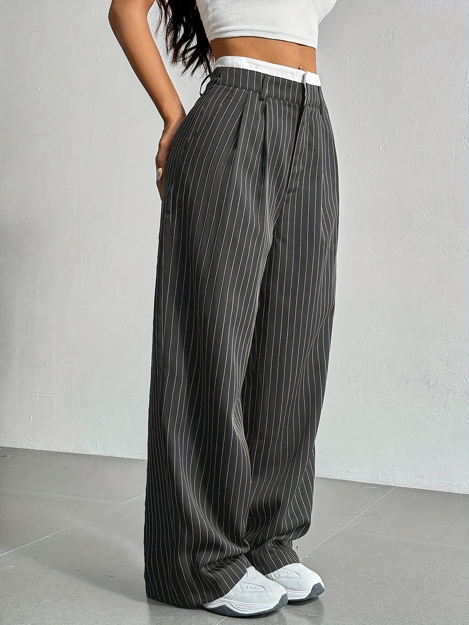 Casual High Waist Striped Wide Legs Trousers Pants