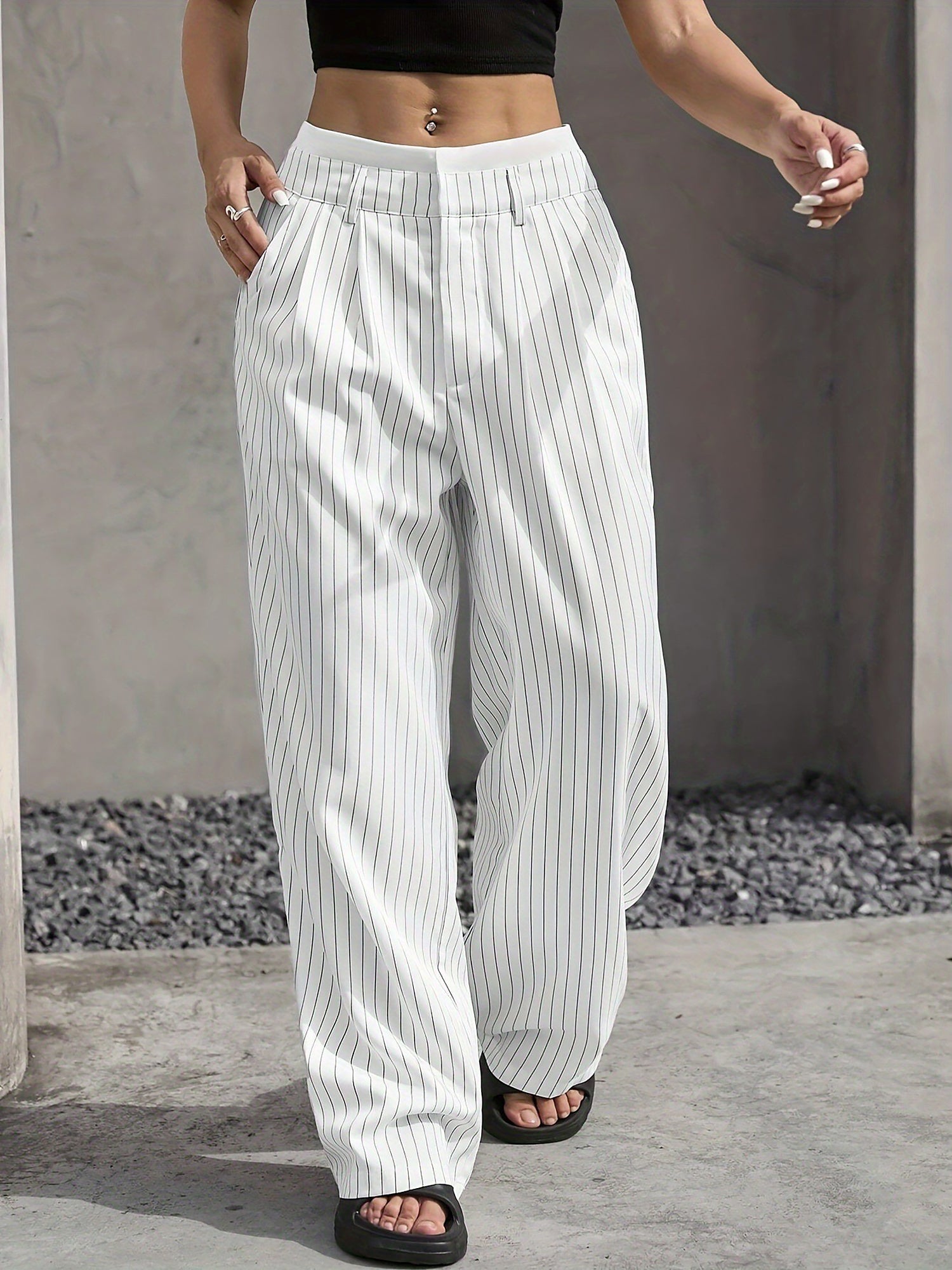 Casual High Waist Striped Wide Legs Trousers Pants