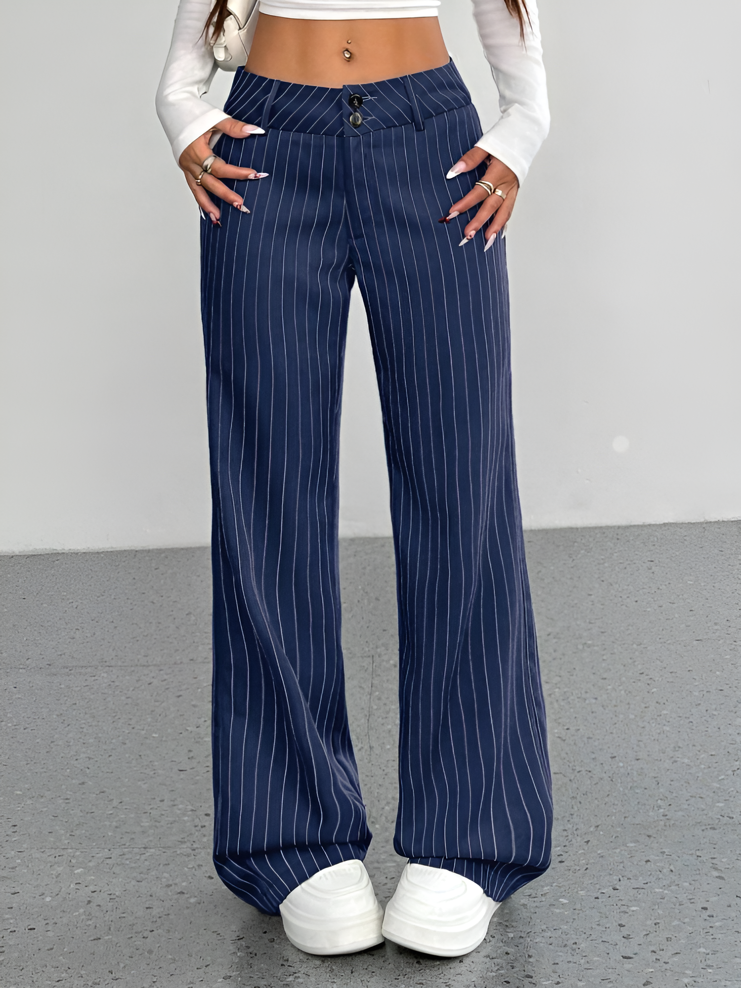 Striped Mid Rise Straight Leg Trousers Pants