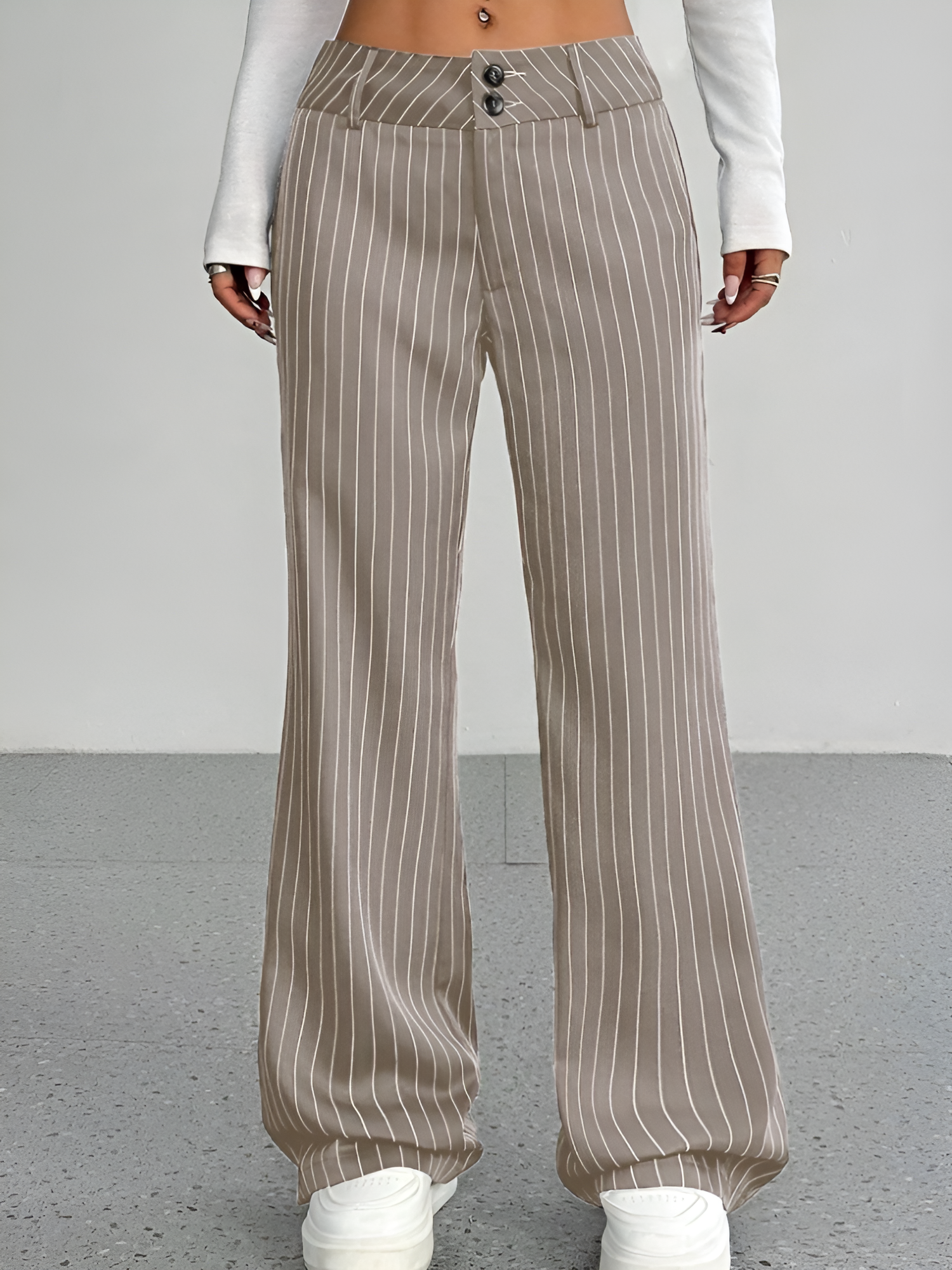 Striped Mid Rise Straight Leg Trousers Pants