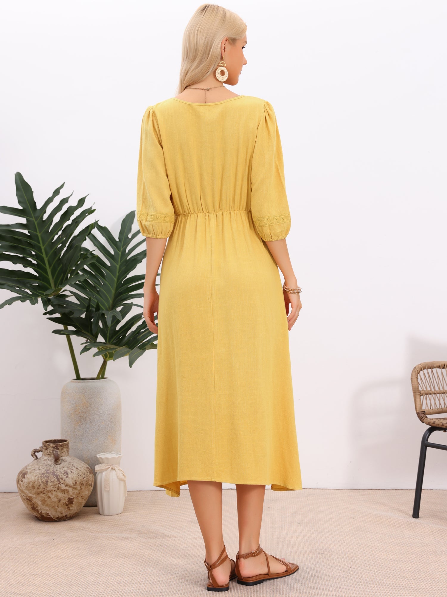 Round Neck Puff 3/4 Sleeve Pockets Eyelet Detail Boho Midi Dress