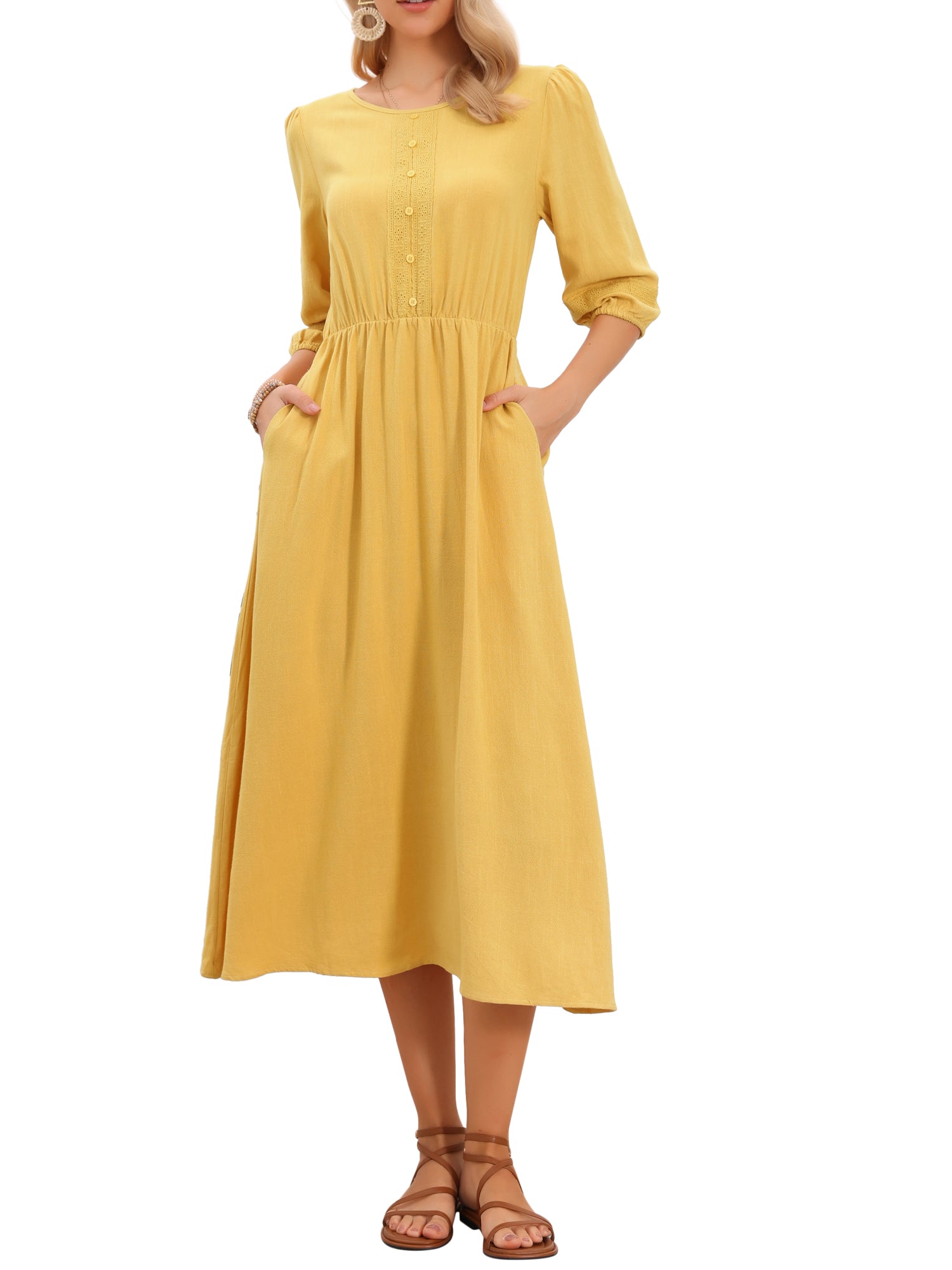 Round Neck Puff 3/4 Sleeve Pockets Eyelet Detail Boho Midi Dress