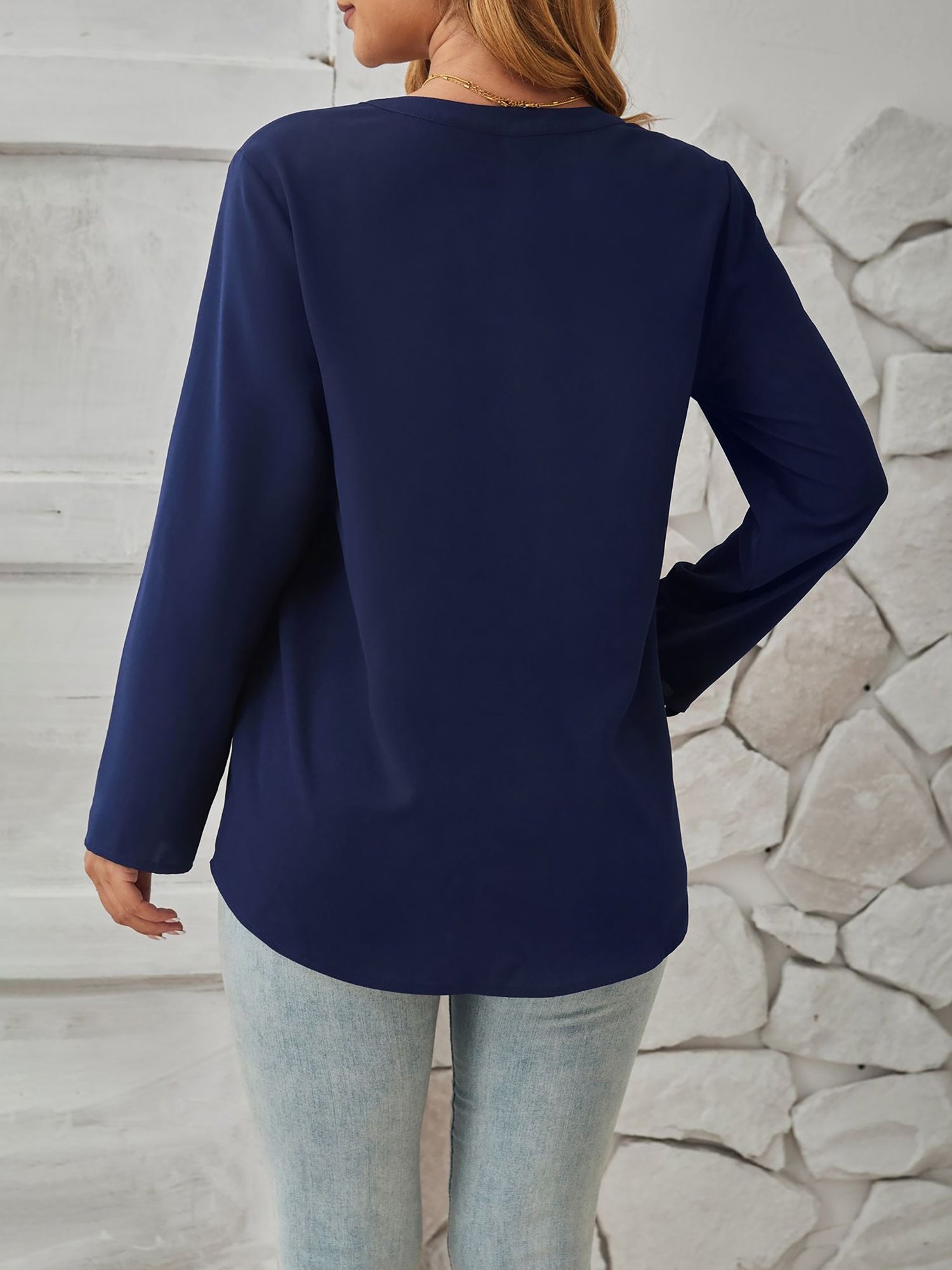 Notch Neck Buttoned Long Sleeves Casual Blouse