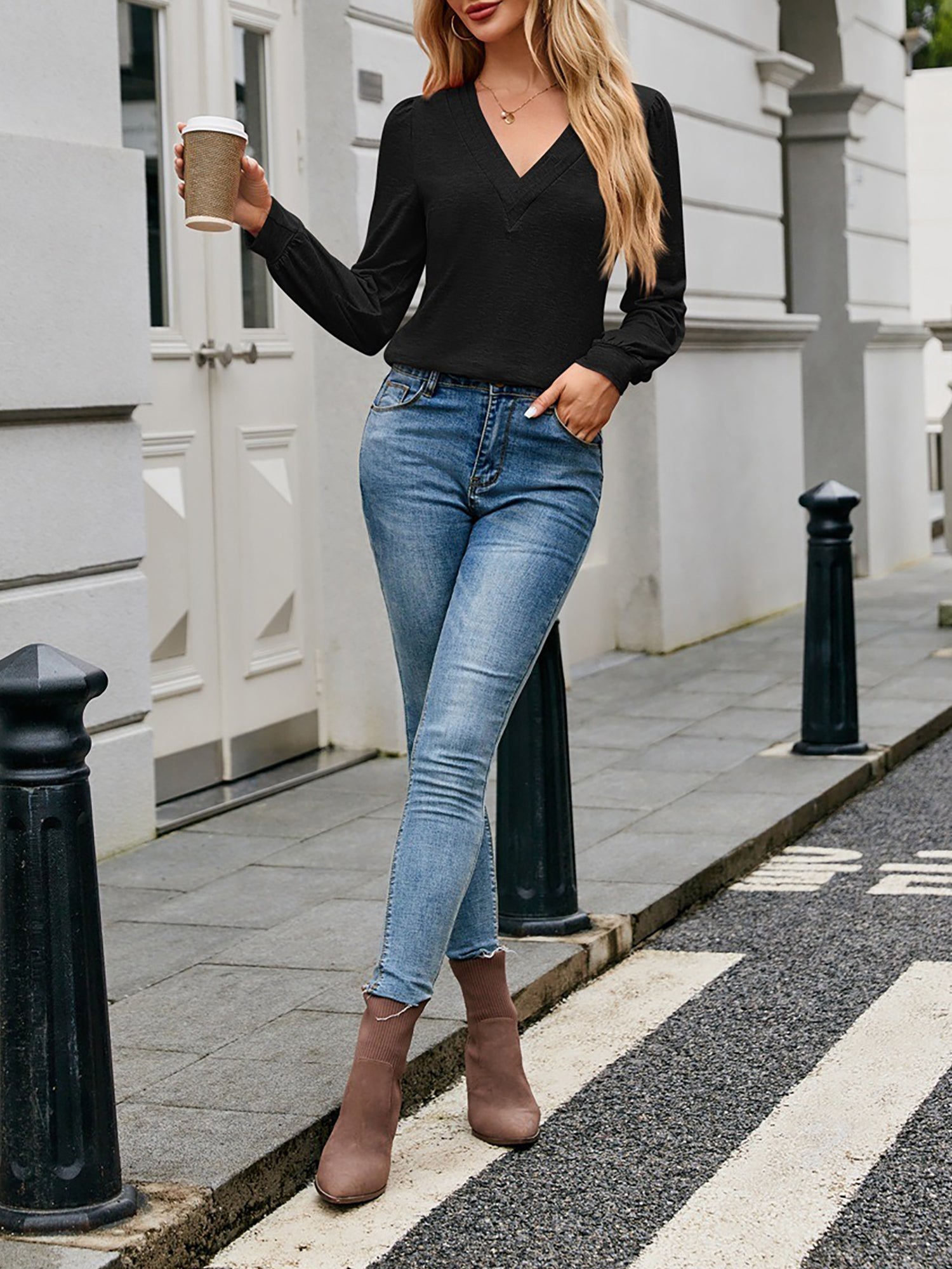 Casual V Neck Solid Color Long Sleeves Blouse