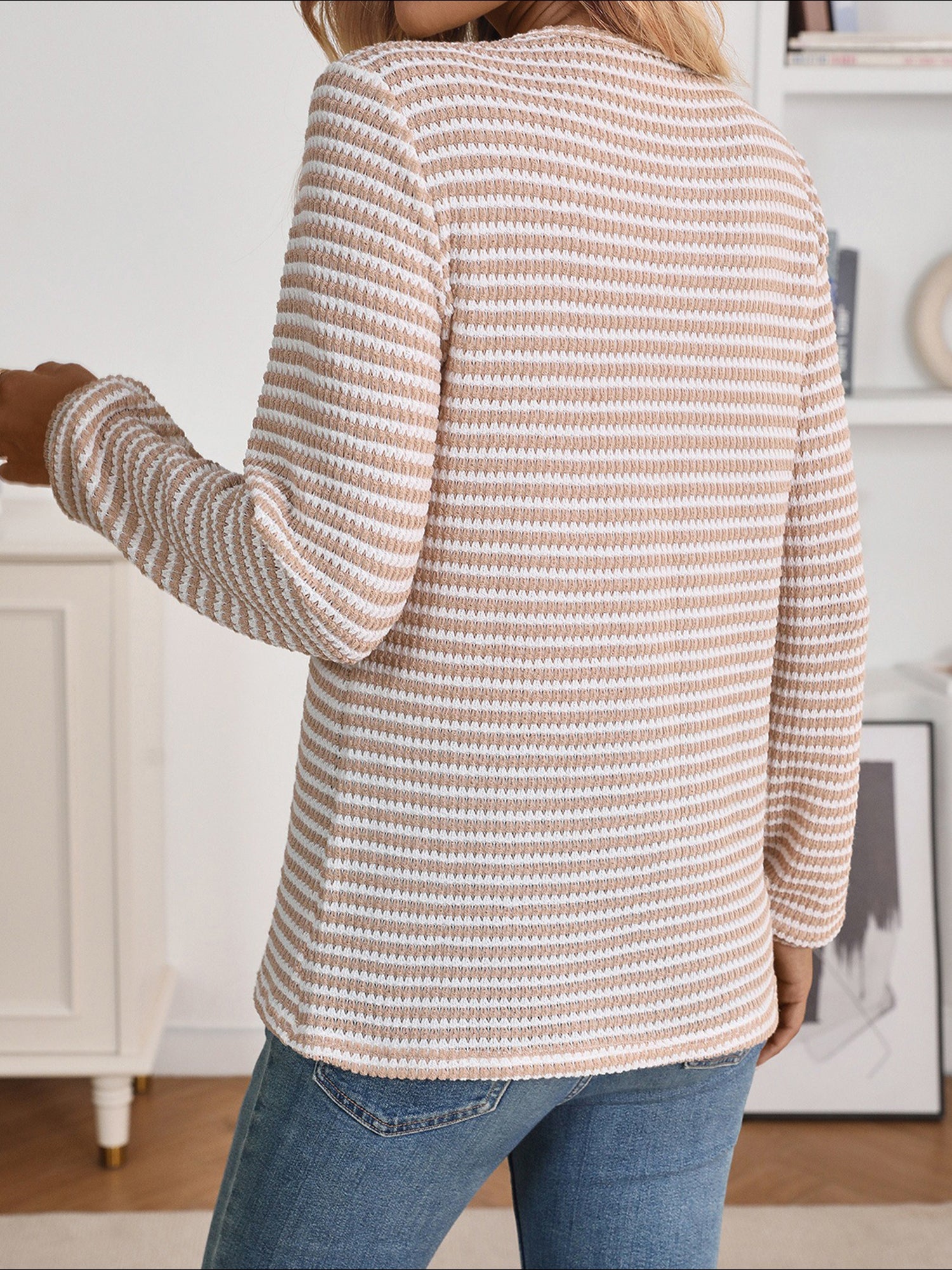 Button Notch Neck Striped Long Sleeves Knit Blouse
