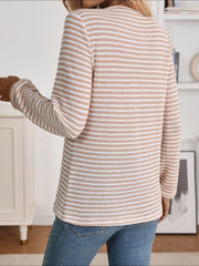 Button Notch Neck Striped Long Sleeves Knit Blouse