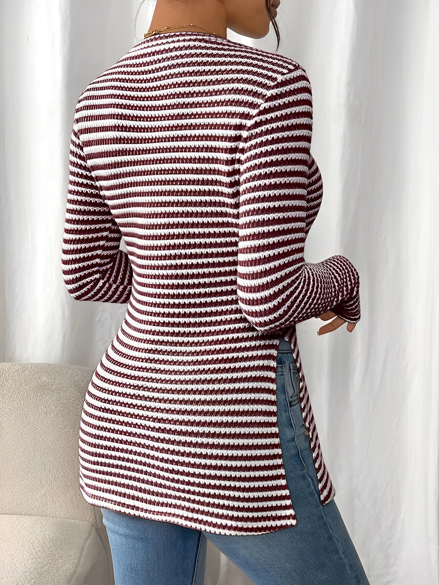 Round Neck Slit Long Sleeve Striped Blouse