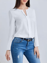 Notch Neck Satin Long Sleeves Work Office Blouse