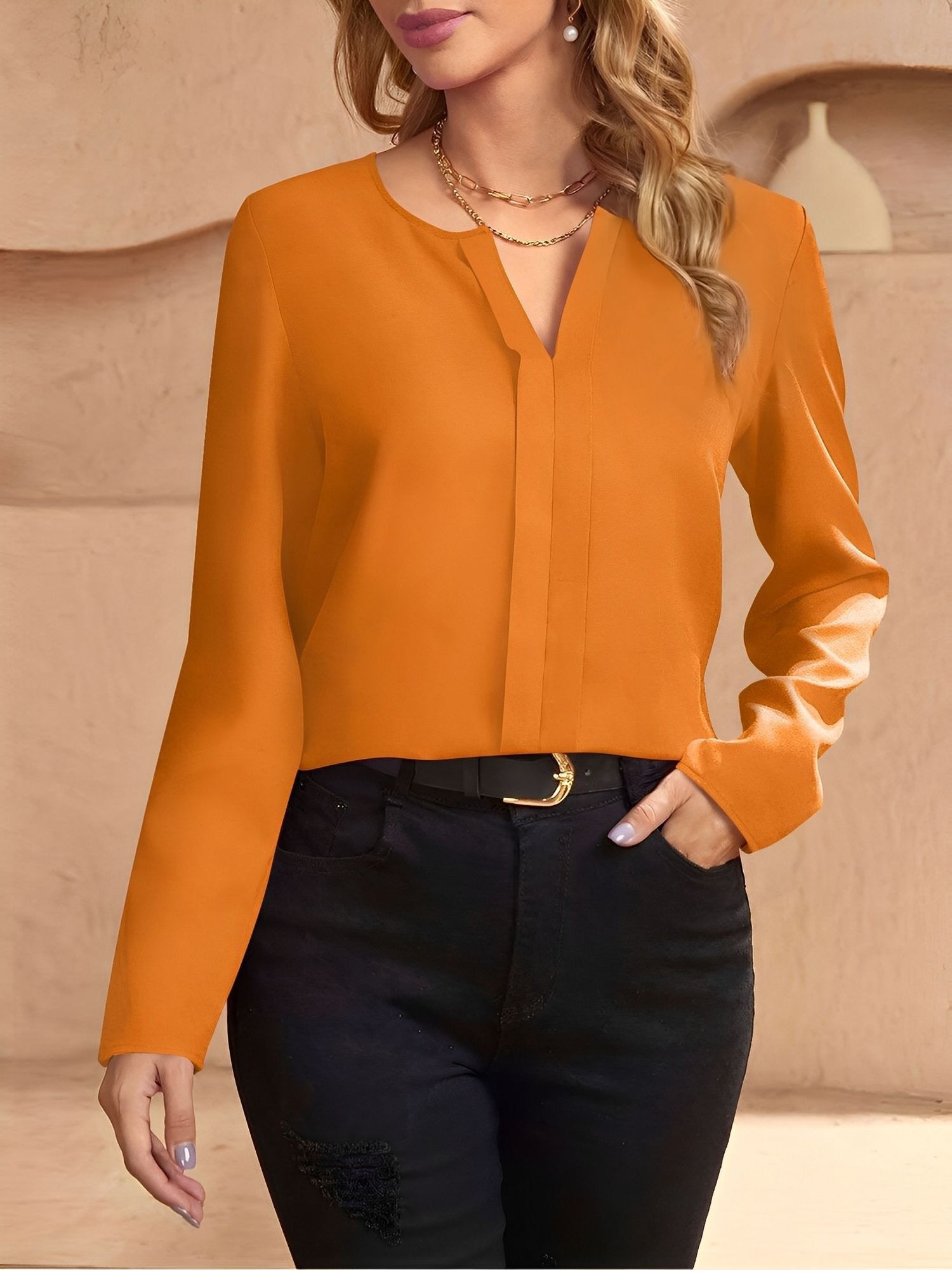 Notch Neck Satin Long Sleeves Work Office Blouse