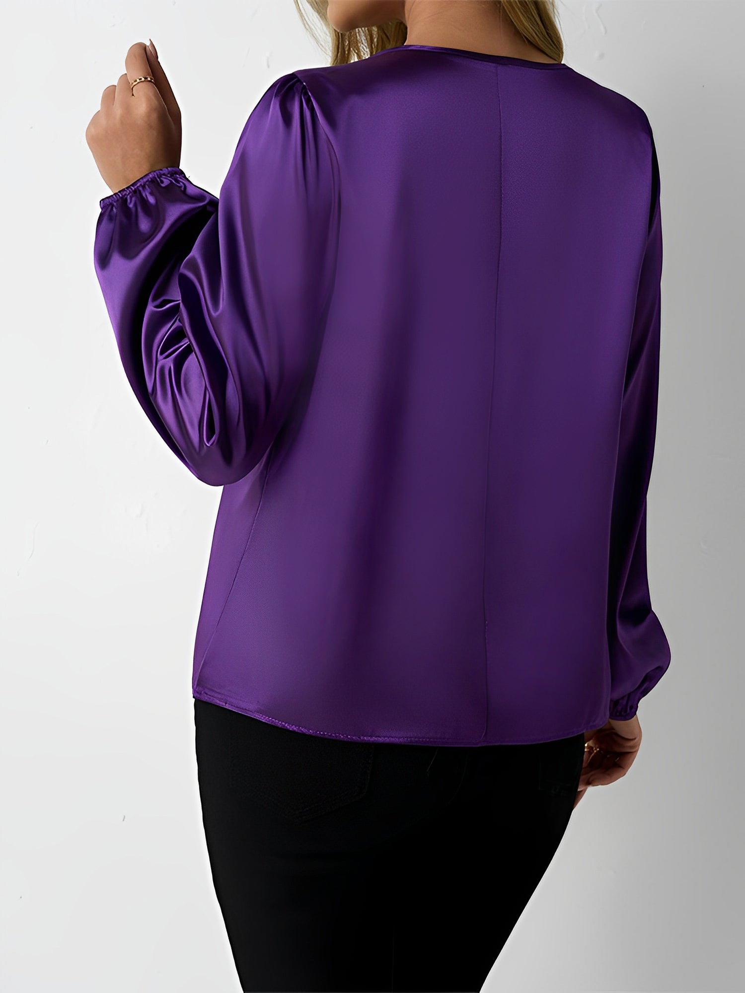 Satin Round Neck Keyhole Long Sleeves Blouse