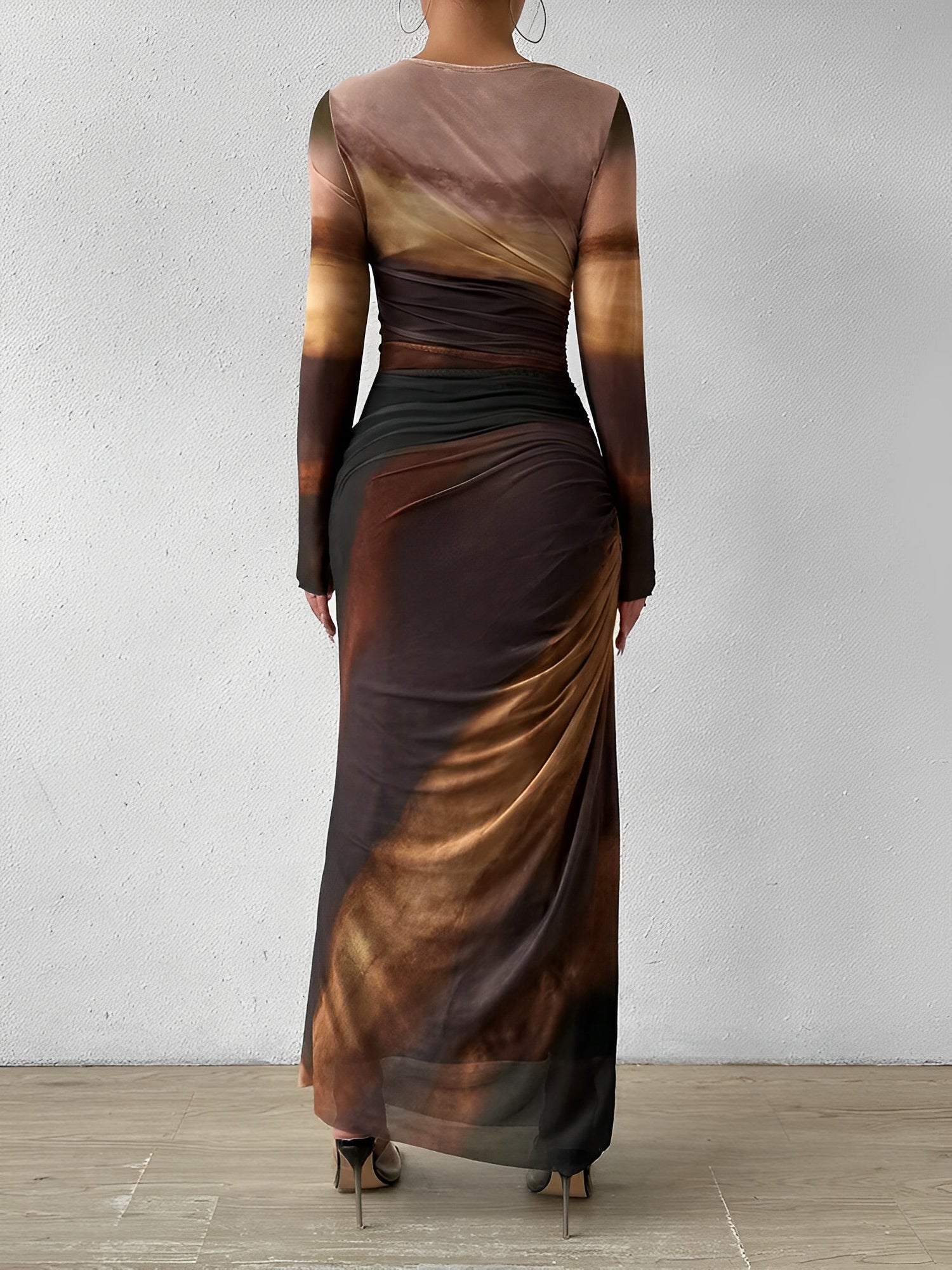 Mesh Contrast Color Ruched Bodycon Maxi Dress