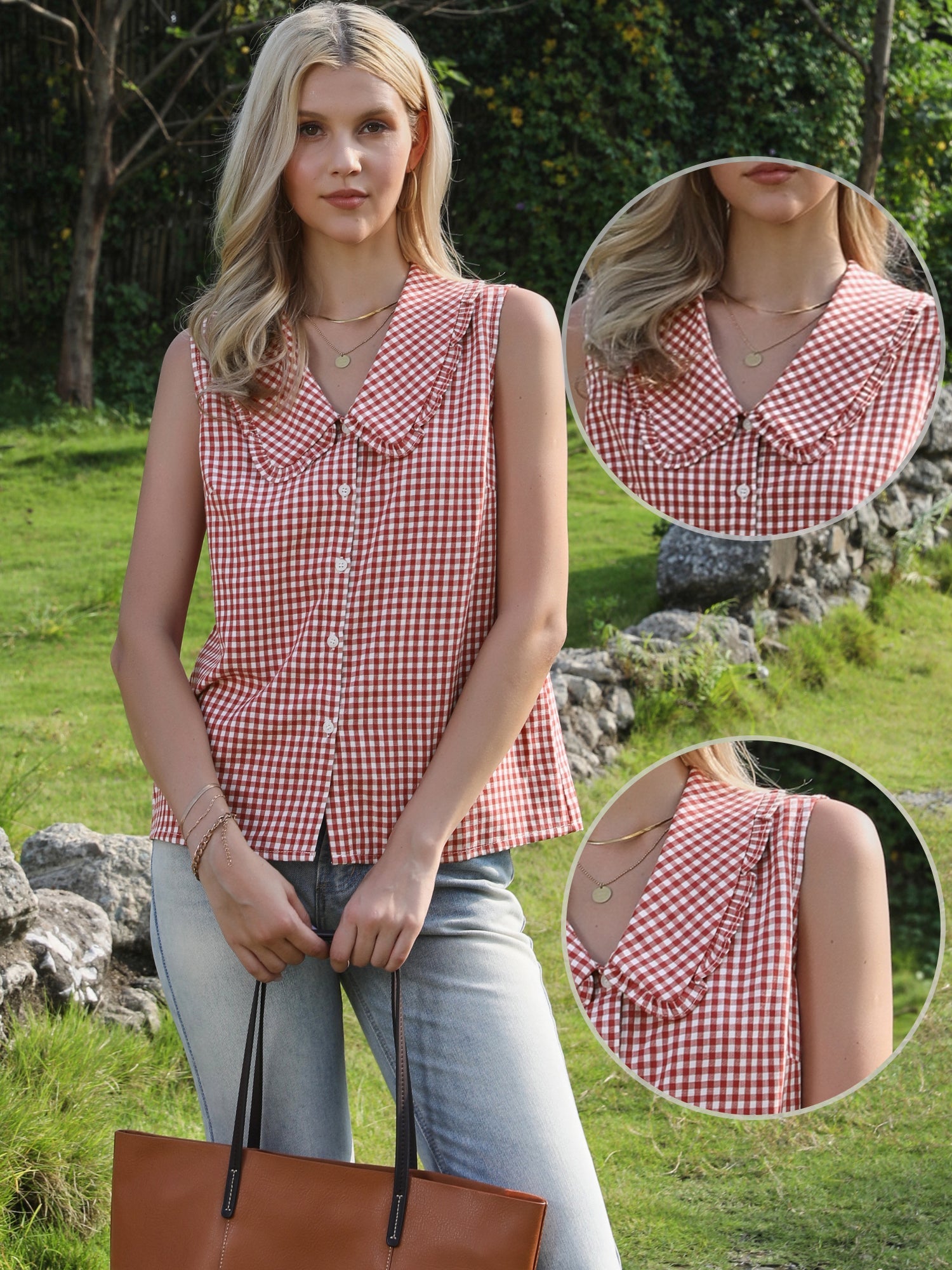 Gingham Ruffle Peter Pan Collar Sleeveless Blouse