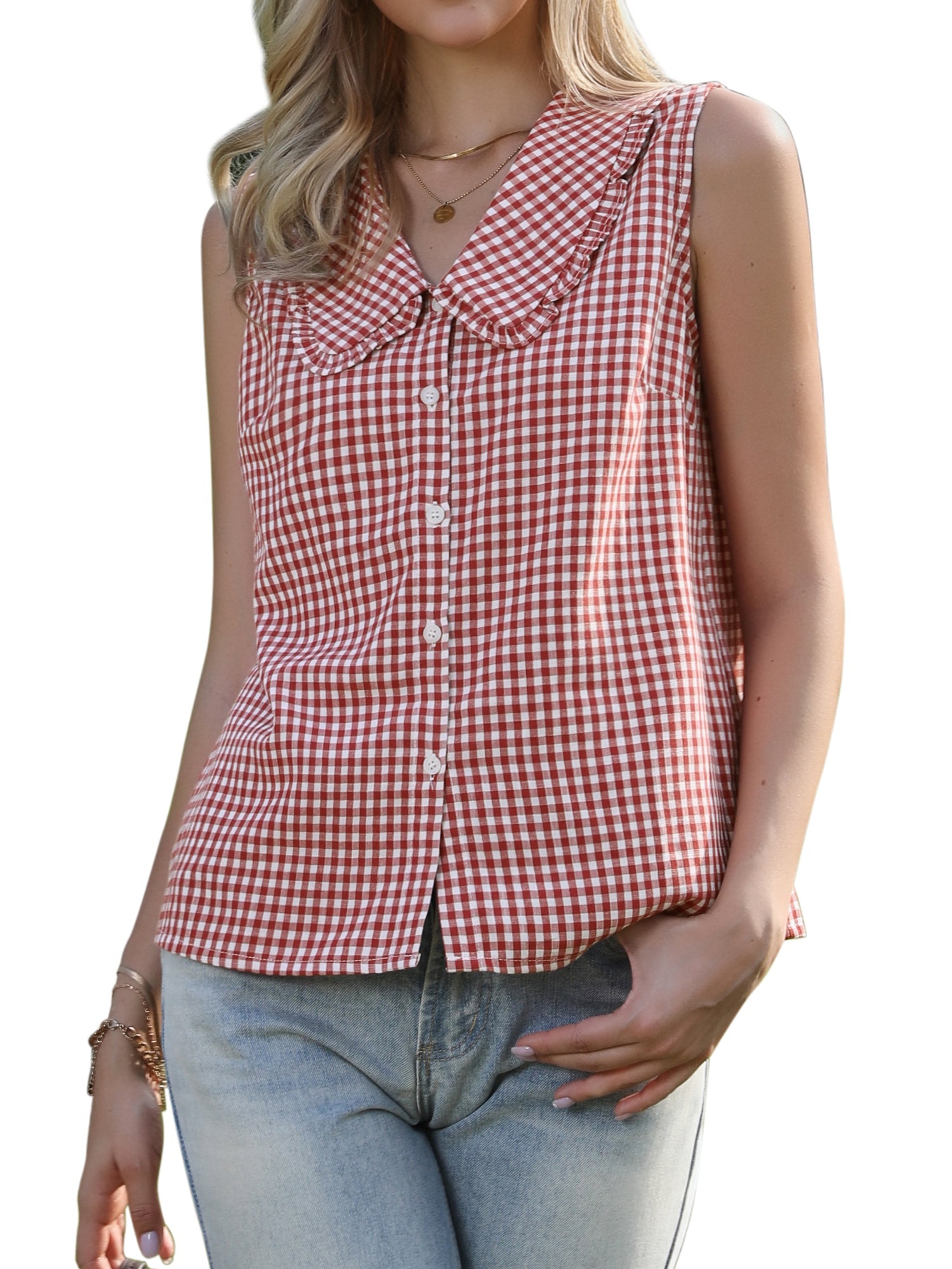 Gingham Ruffle Peter Pan Collar Sleeveless Blouse