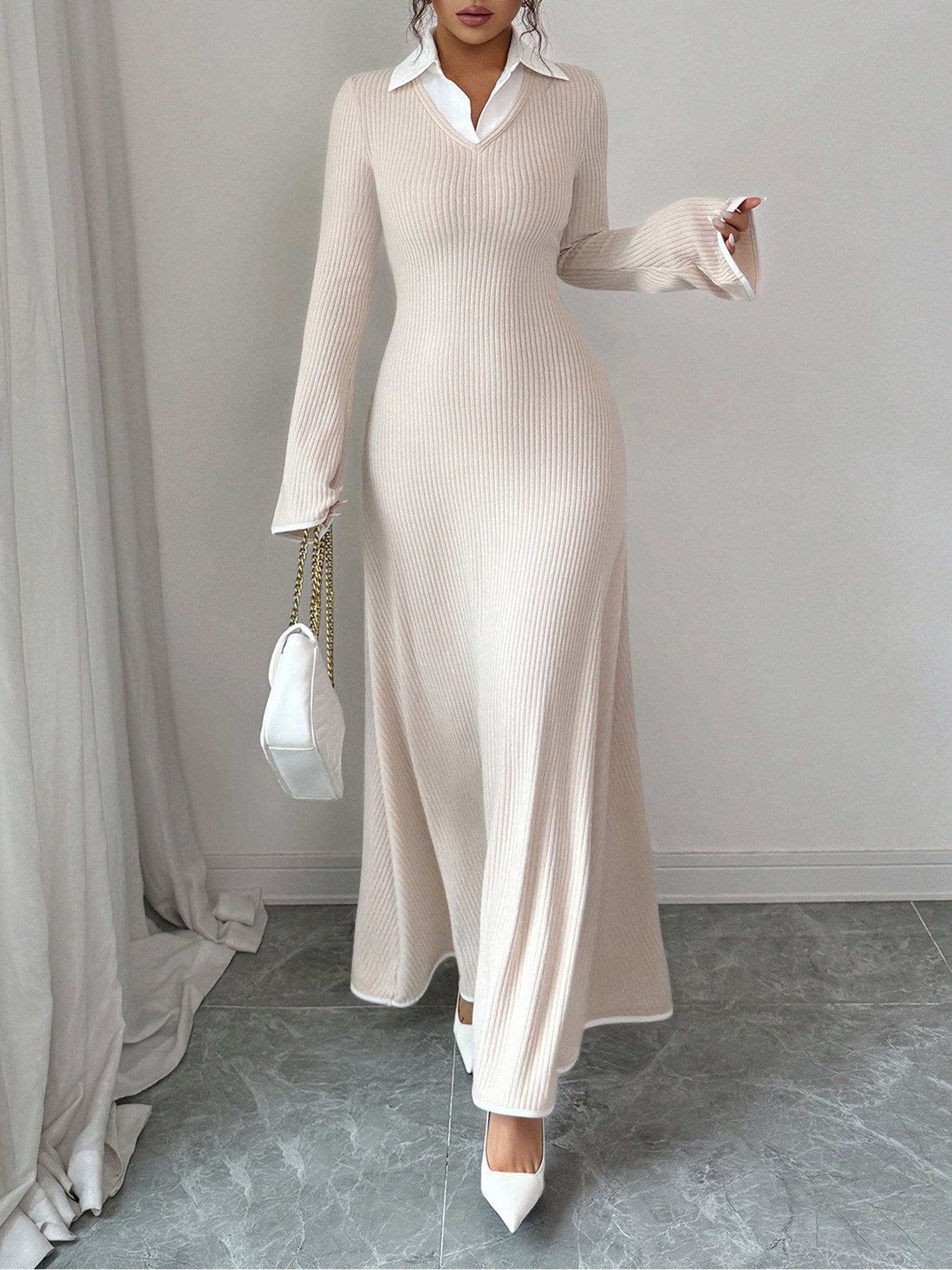 Shirt Collar Knitted Long Sleeve Maxi Sweater Dress