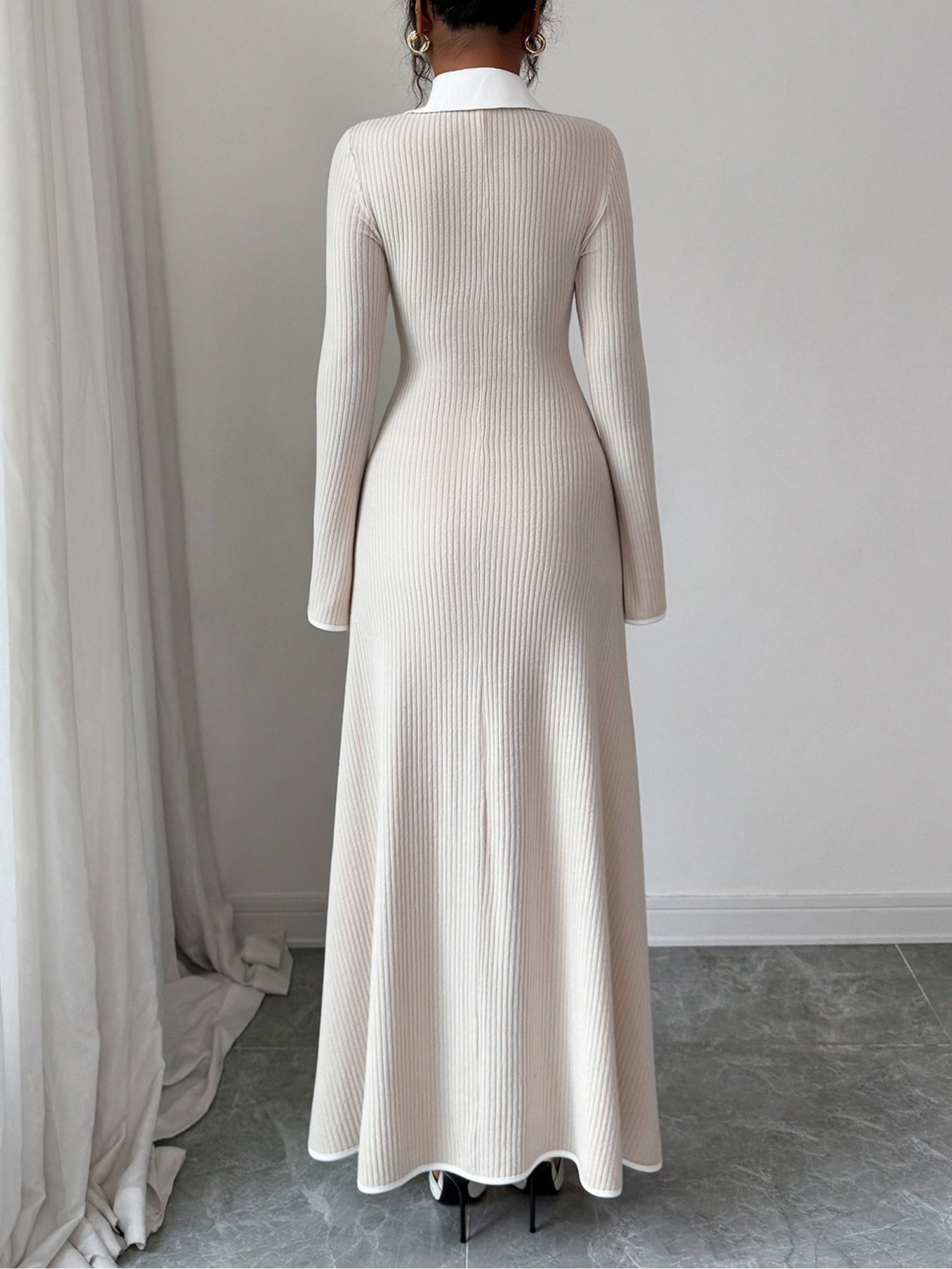 Shirt Collar Knitted Long Sleeve Maxi Sweater Dress
