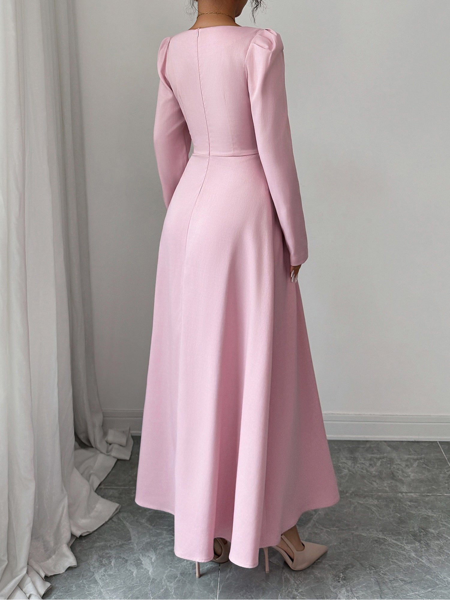 Square Neck Puff Sleeves Pleated A-Line Maxi Dress