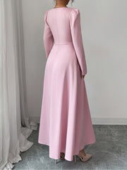 Square Neck Puff Sleeves Pleated A-Line Maxi Dress