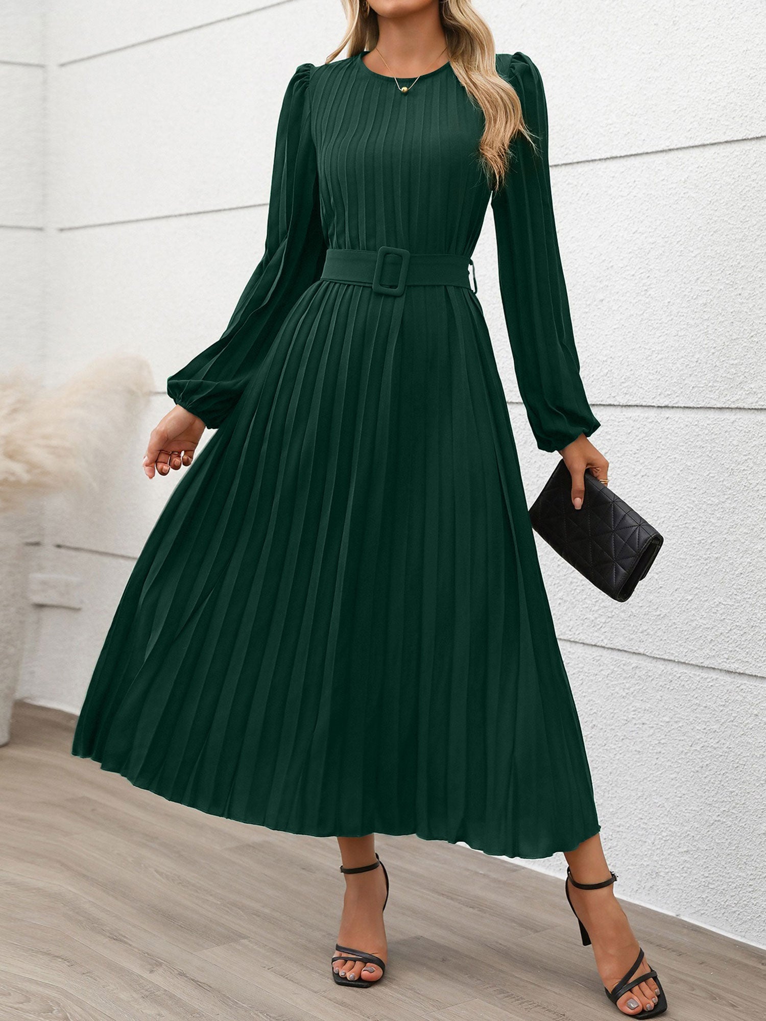 Round Neck Puff Sleeves Belted Pleated Maxi Dress