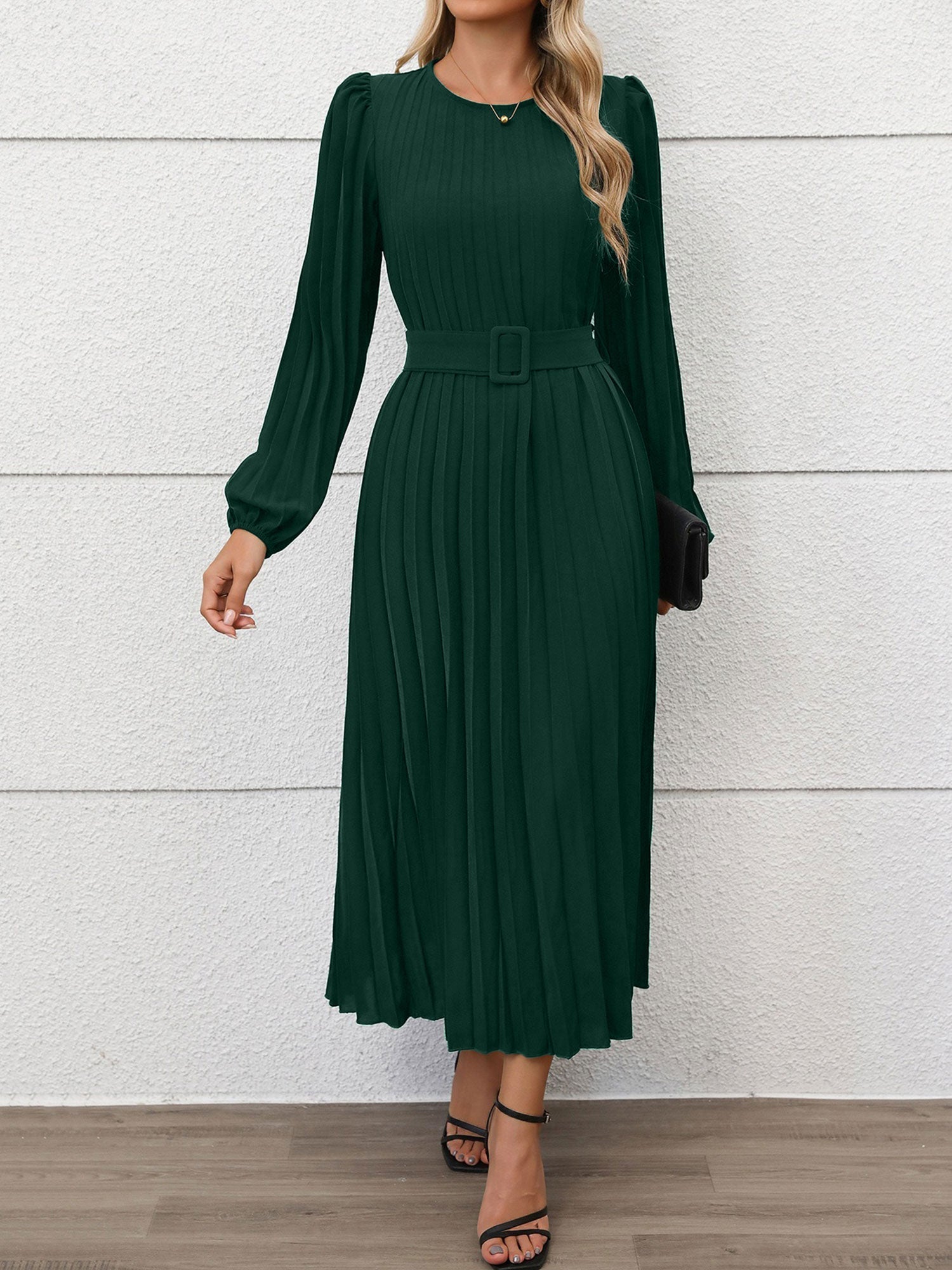 Round Neck Puff Sleeves Belted Pleated Maxi Dress