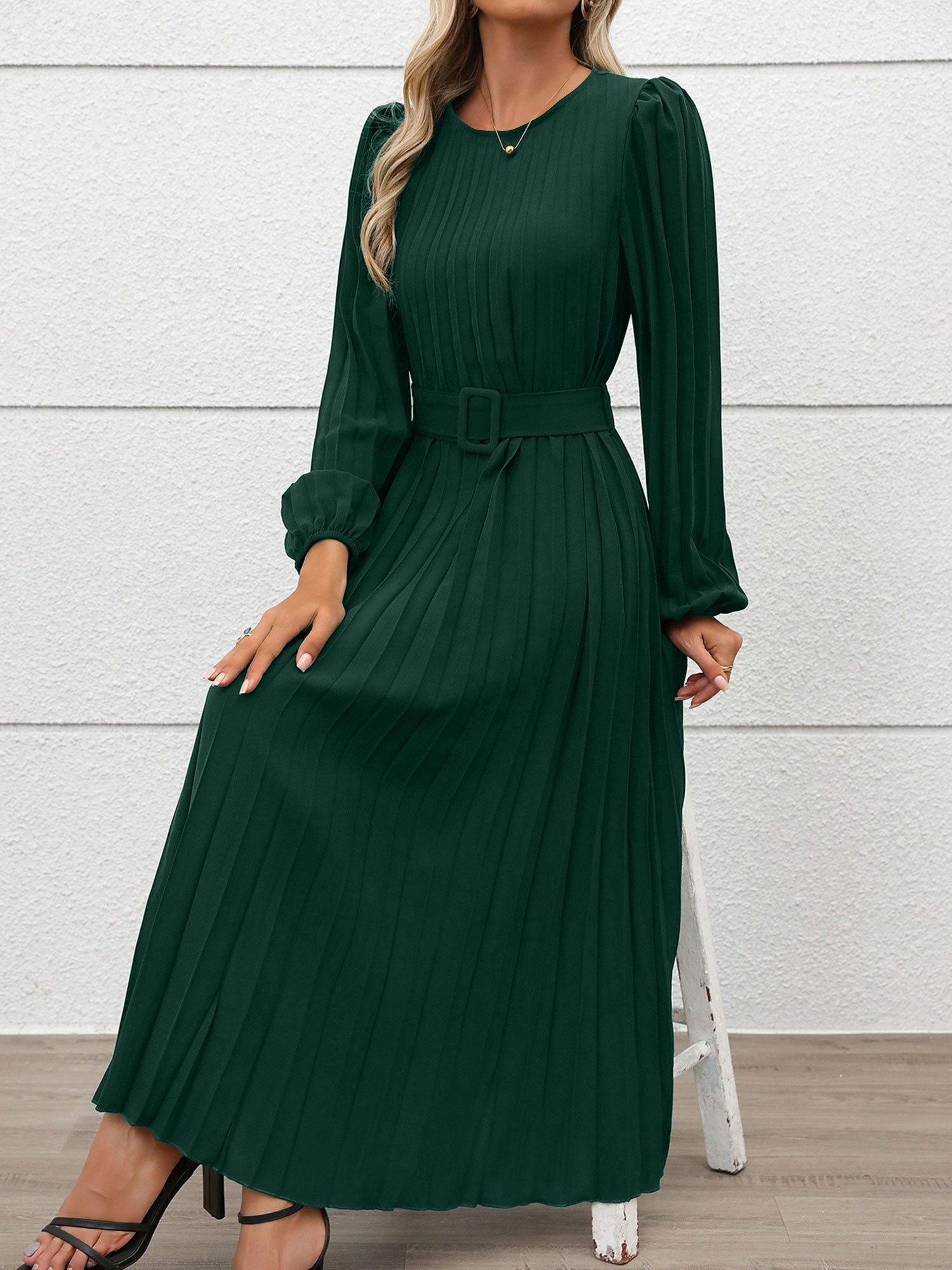 Round Neck Puff Sleeves Belted Pleated Maxi Dress