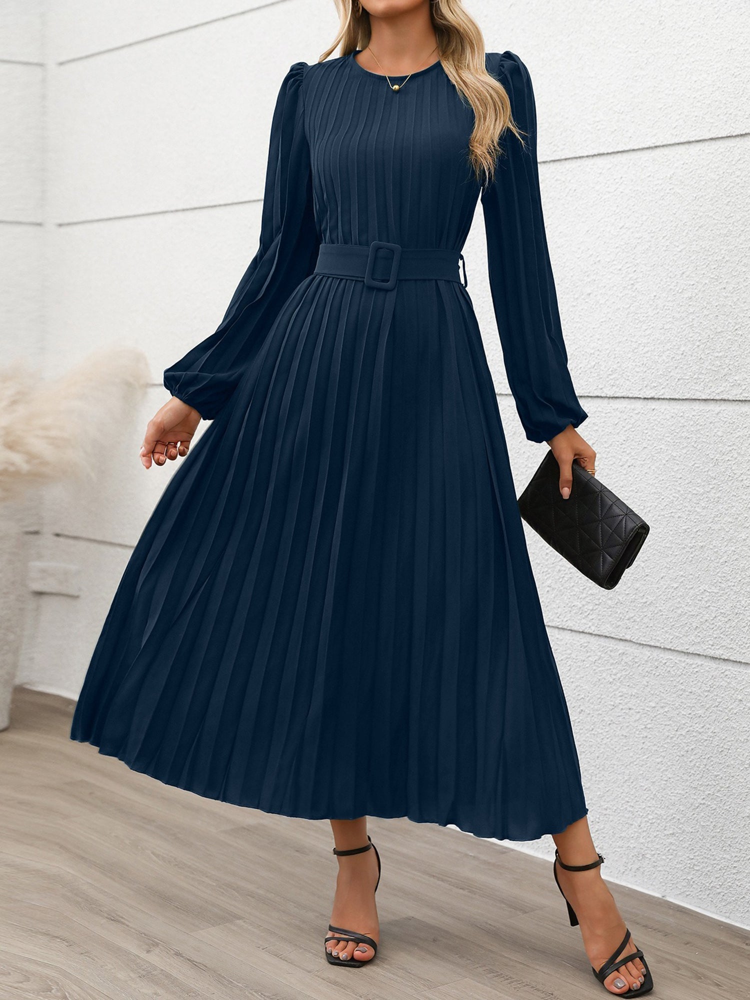 Round Neck Puff Sleeves Belted Pleated Maxi Dress