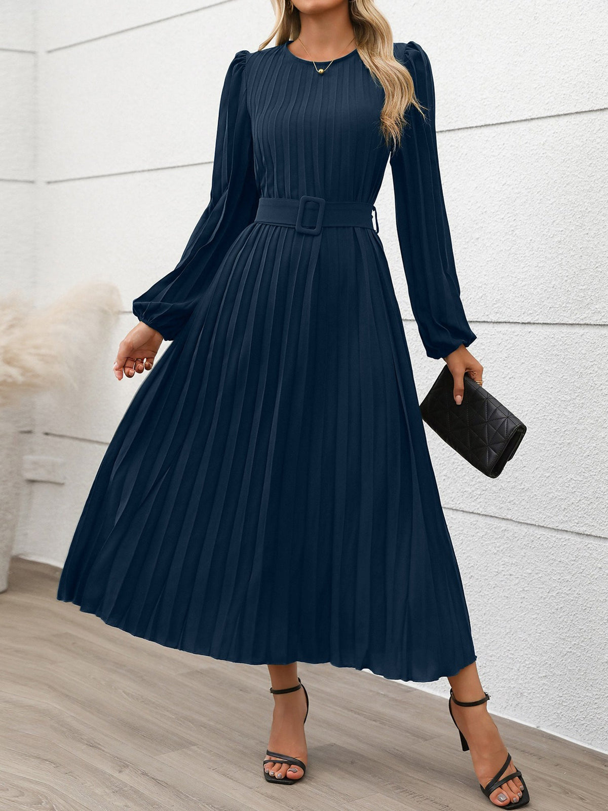 Round Neck Puff Sleeves Belted Pleated Maxi Dress