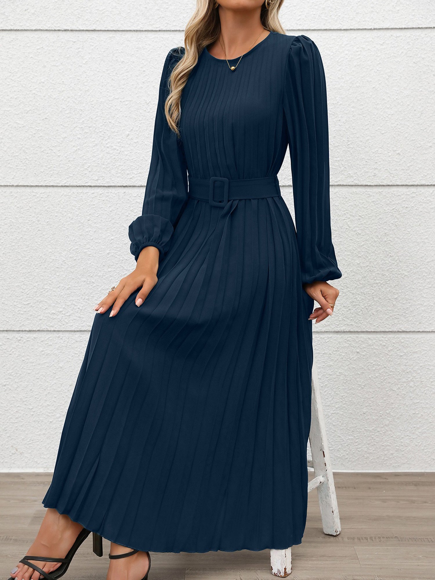 Round Neck Puff Sleeves Belted Pleated Maxi Dress