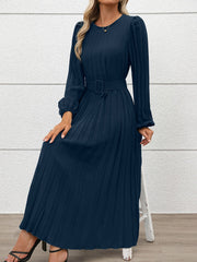 Round Neck Puff Sleeves Belted Pleated Maxi Dress