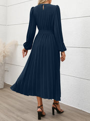 Round Neck Puff Sleeves Belted Pleated Maxi Dress