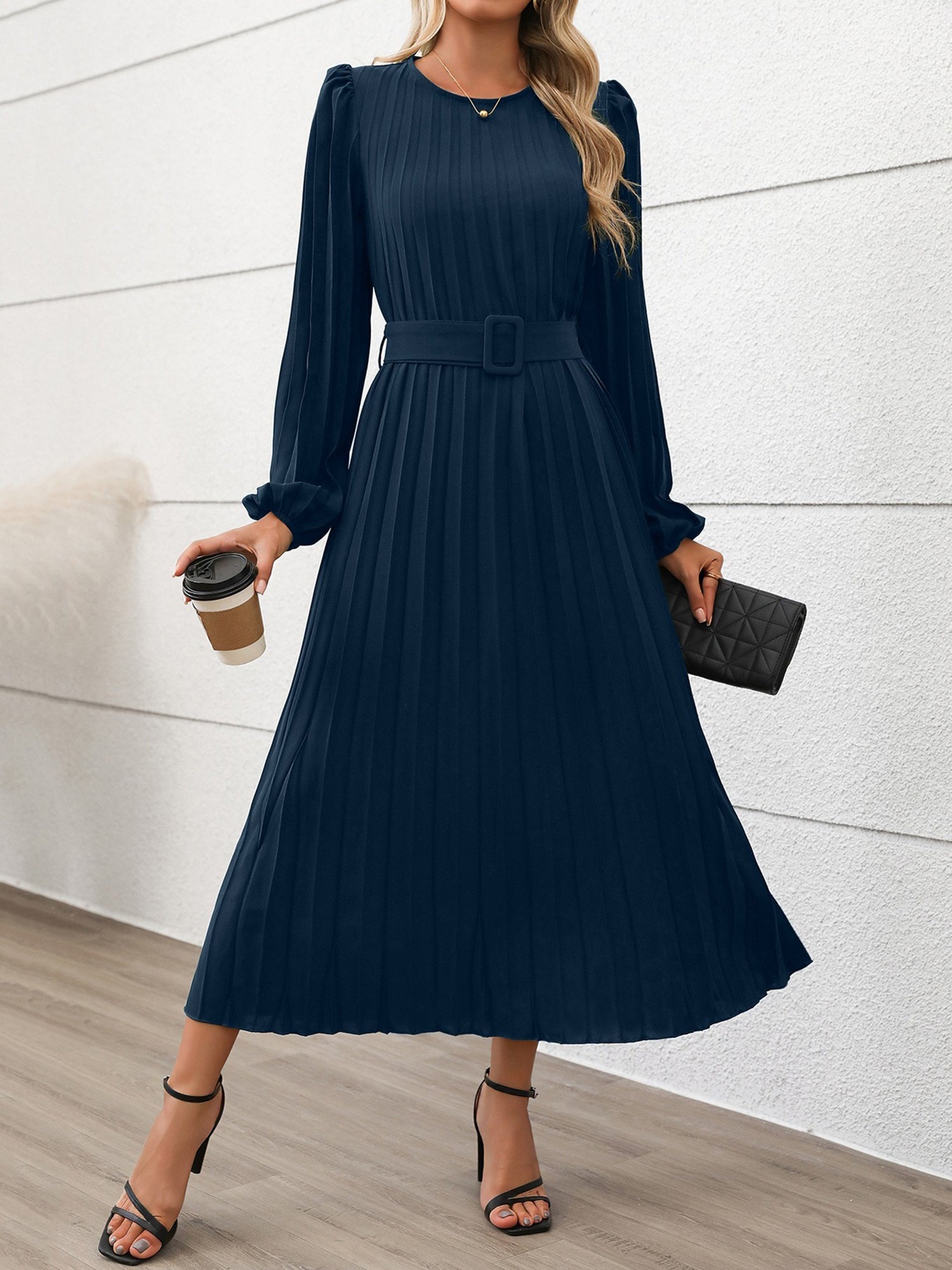 Round Neck Puff Sleeves Belted Pleated Maxi Dress