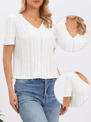 V Neck Texture Short Sleeves Button Down Casual Blouse