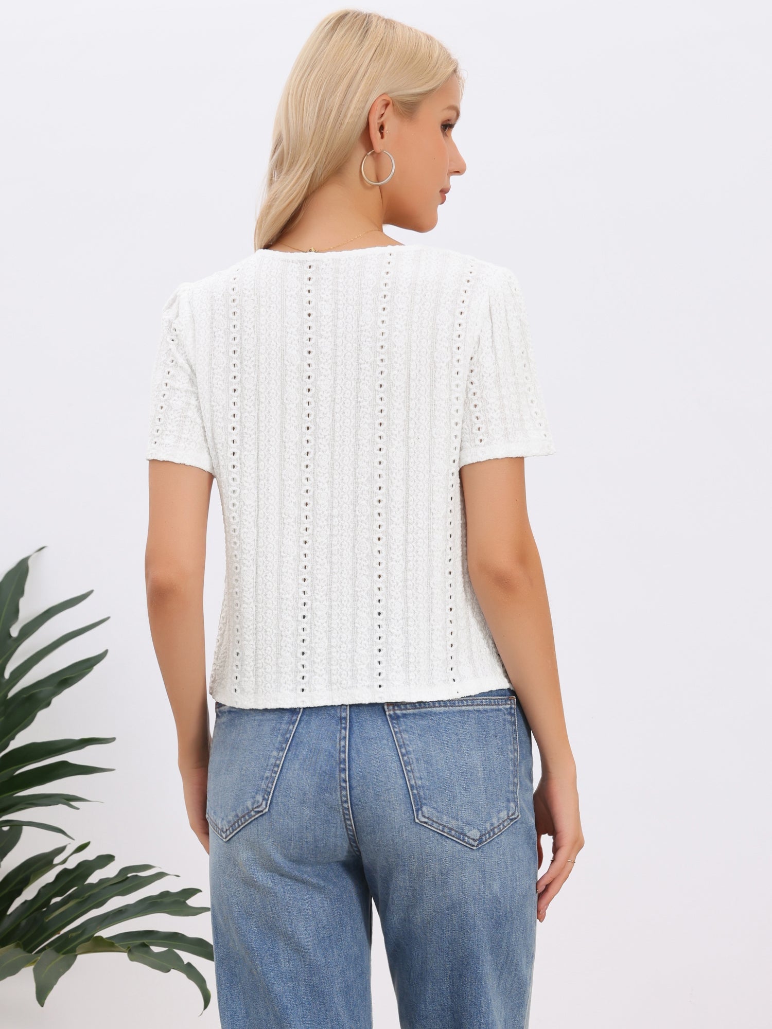 V Neck Texture Short Sleeves Button Down Casual Blouse