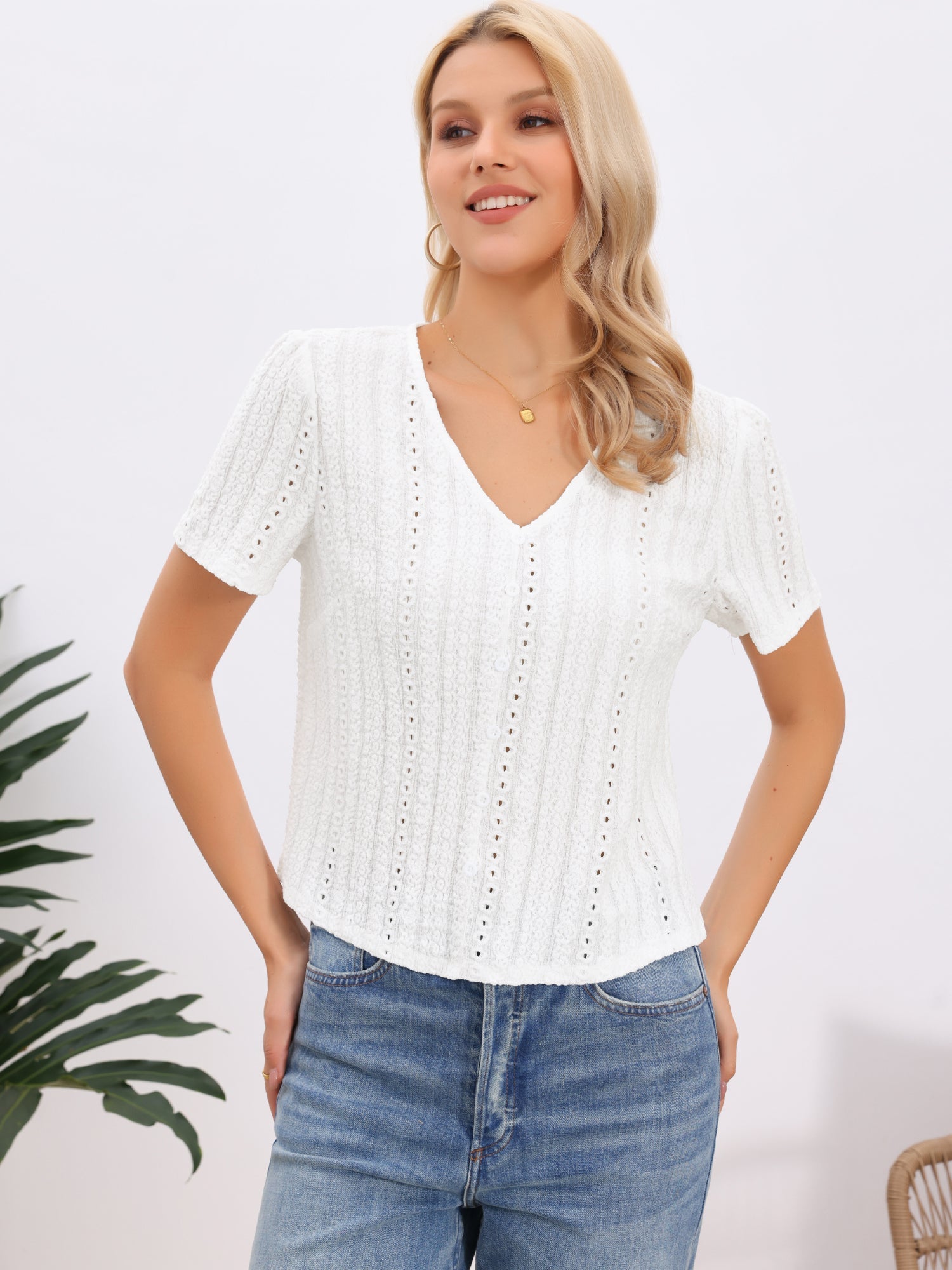 V Neck Texture Short Sleeves Button Down Casual Blouse