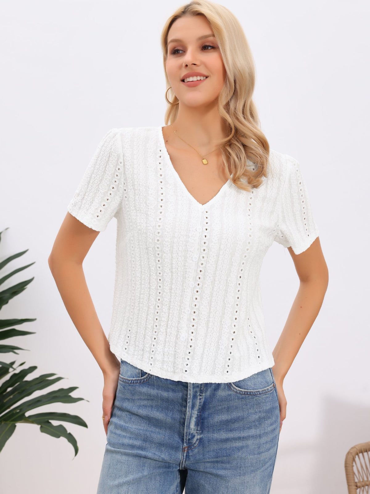 V Neck Texture Short Sleeves Button Down Casual Blouse