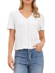 V Neck Texture Short Sleeves Button Down Casual Blouse