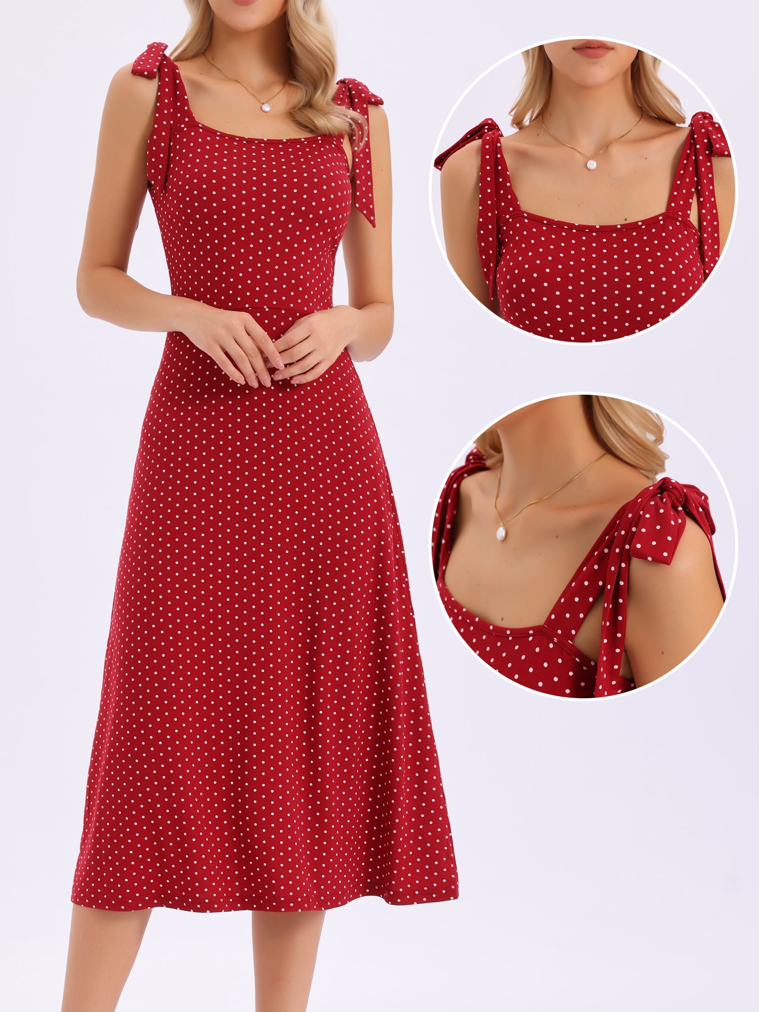 Tie Shoulder Sleeveless A-Line Polka Dots Midi Dress
