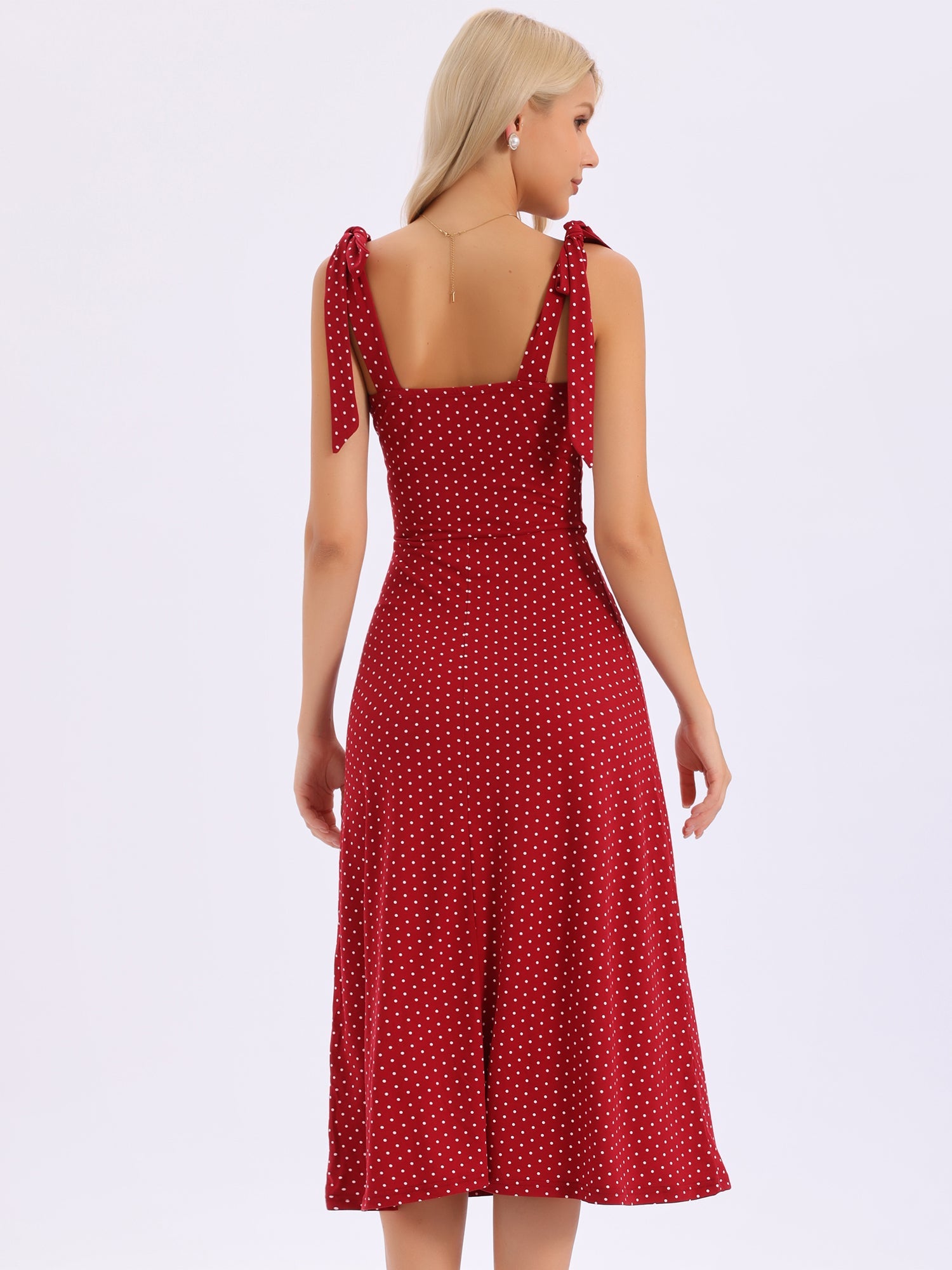 Tie Shoulder Sleeveless A-Line Polka Dots Midi Dress