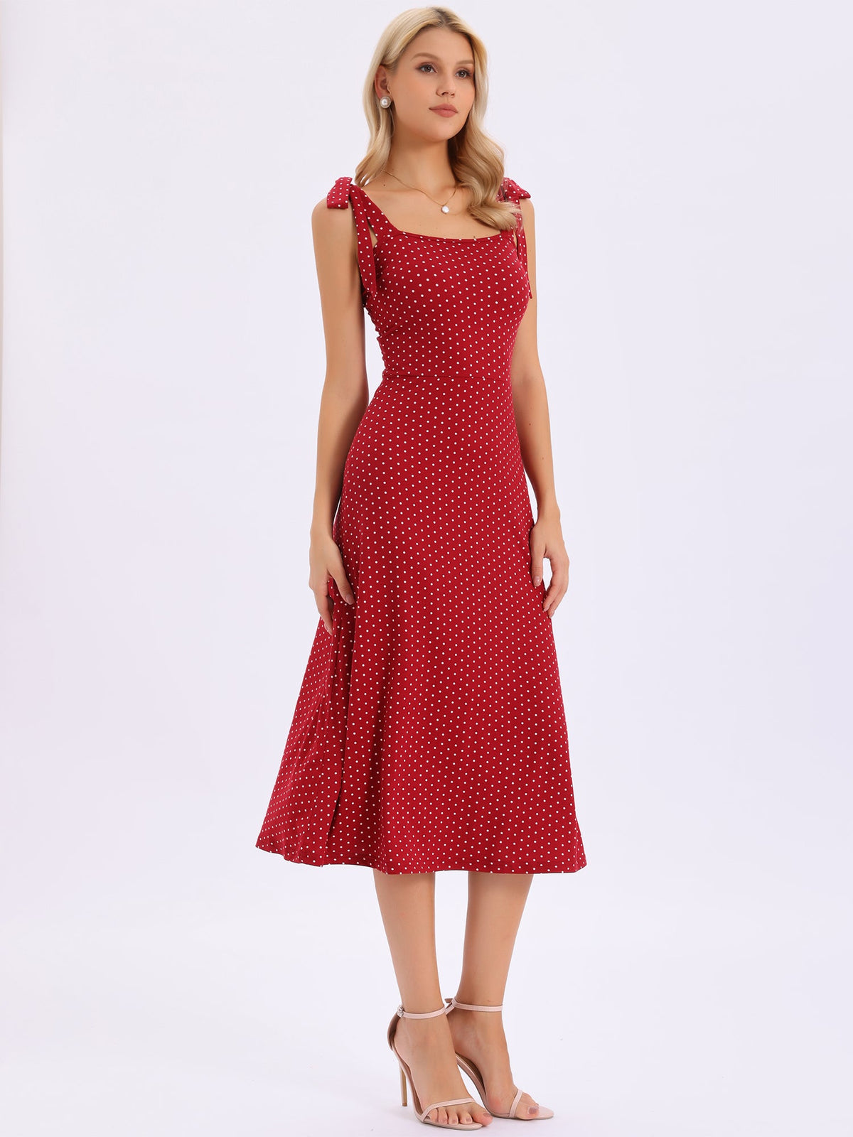 Tie Shoulder Sleeveless A-Line Polka Dots Midi Dress