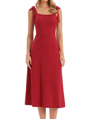 Tie Shoulder Sleeveless A-Line Polka Dots Midi Dress