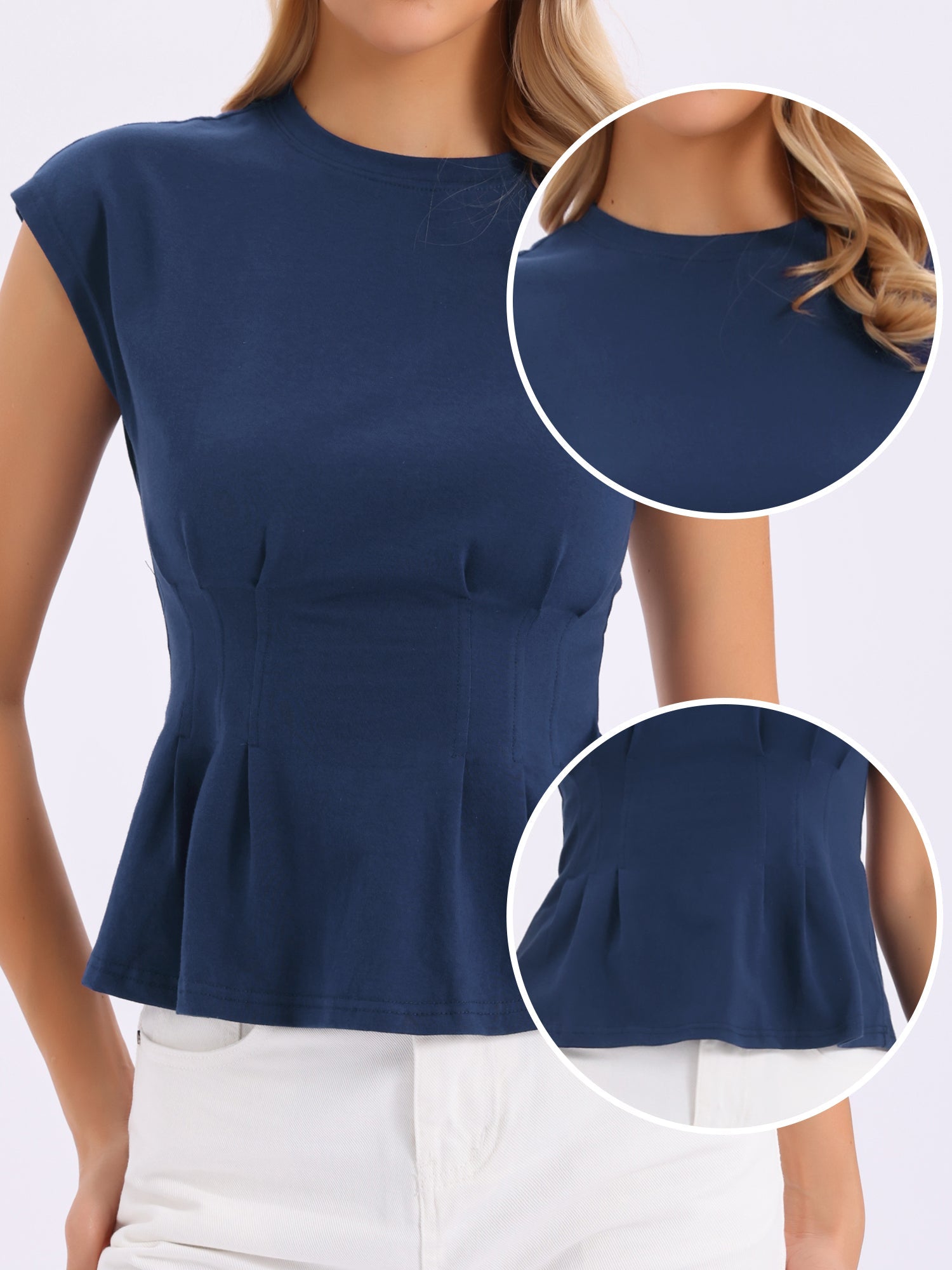 Cotton Cap Sleeve Crew Neck Business Work Peplum Blouse